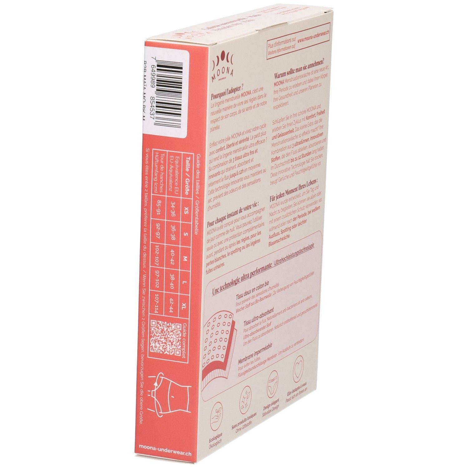 Côté de l'emballage du slip menstruel MOONA Maïa. Indications de taille. Texte : informations produit. Code QR. Illustration : slip.
