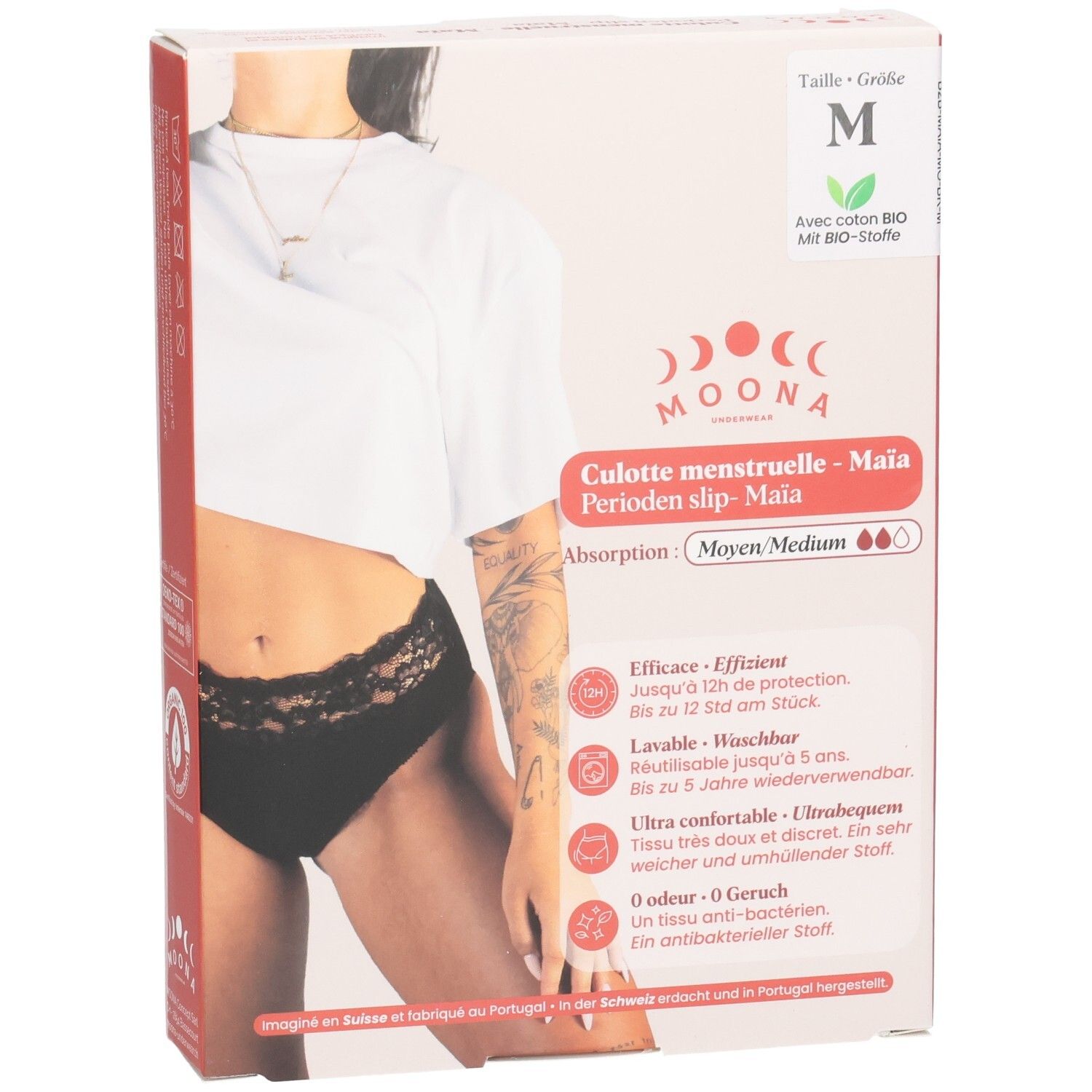 Emballage du slip menstruel MOONA Maïa, taille M. Slip noir avec dentelle. Inscriptions : marque, nom du produit, caractéristiques.