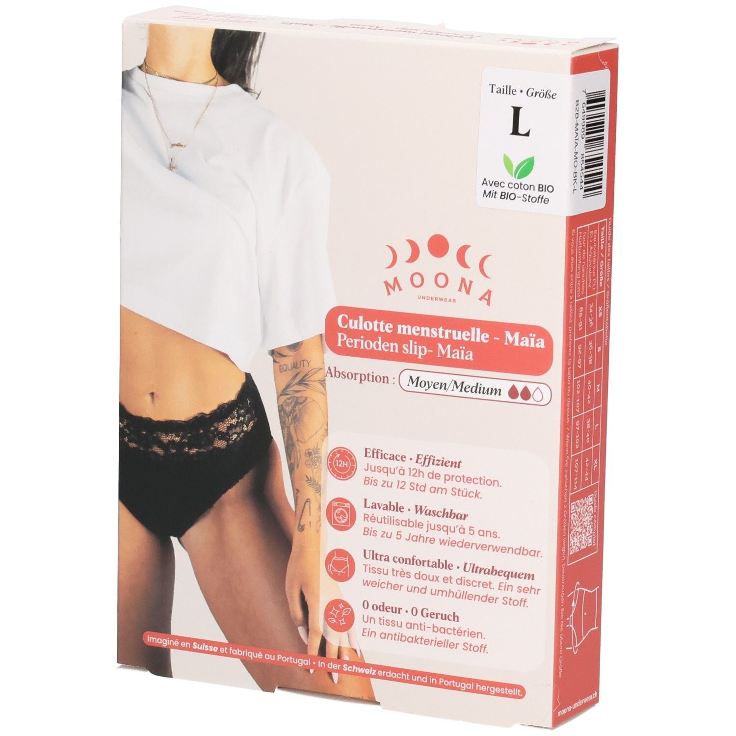 Boîte de la culotte menstruelle MOONA Maïa, taille L. Inscriptions : nom du produit, taille, logo, caractéristiques, certifications.