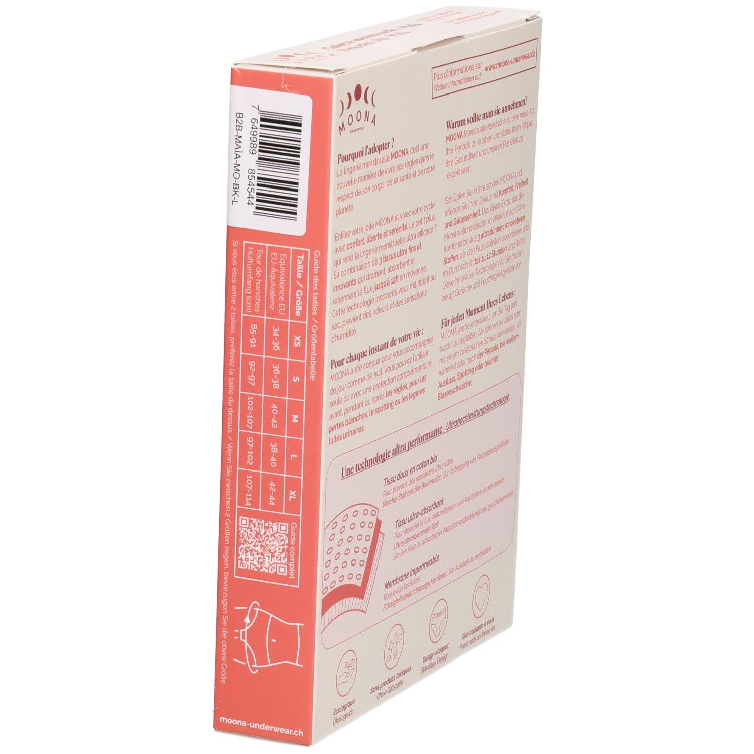 Vue latérale de la boîte de la culotte menstruelle MOONA Maïa. Indications de taille, code QR et informations sur le produit.