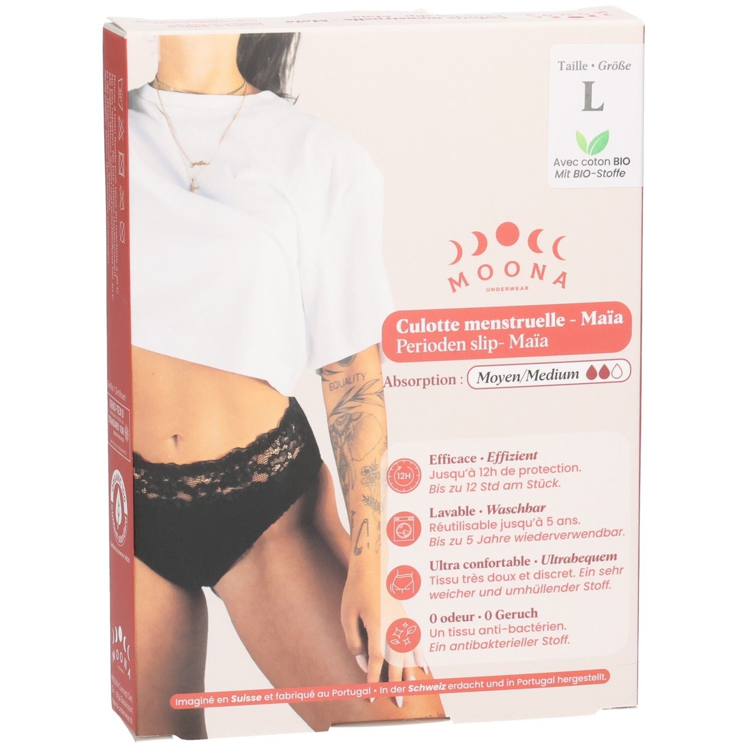 Face avant de la boîte de la culotte menstruelle MOONA Maïa, taille L. Image du produit, logo, indication de taille et caractéristiques.