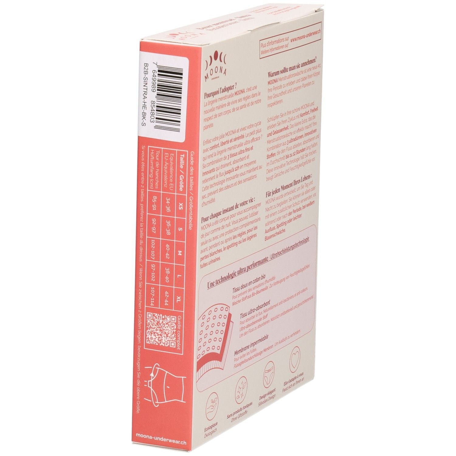 Côté de l'emballage du boxer Sintra. Informations de taille et code QR. Informations sur le produit.