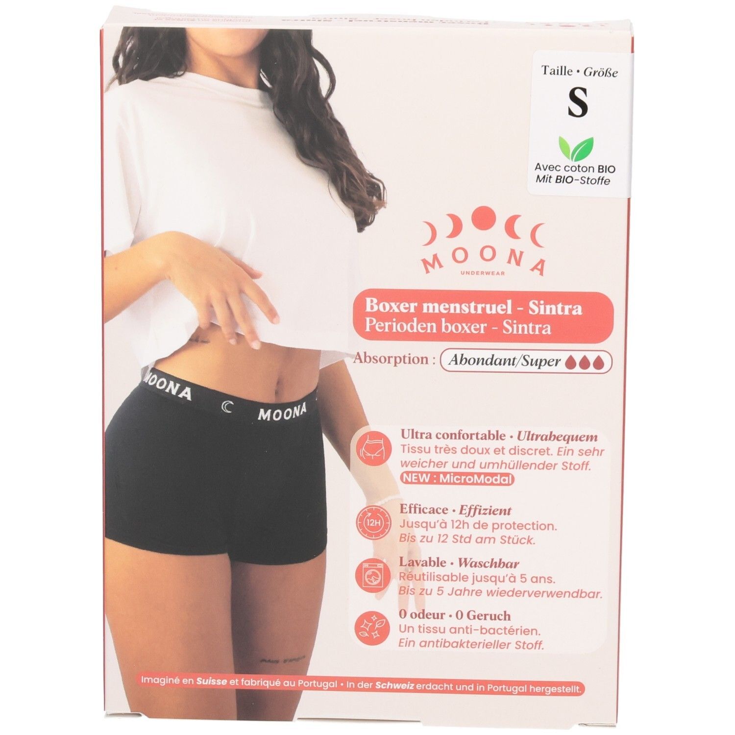 Boxer Sintra noir, logo. Emballage avec image et texte du produit. Taille S. Avec coton bio.