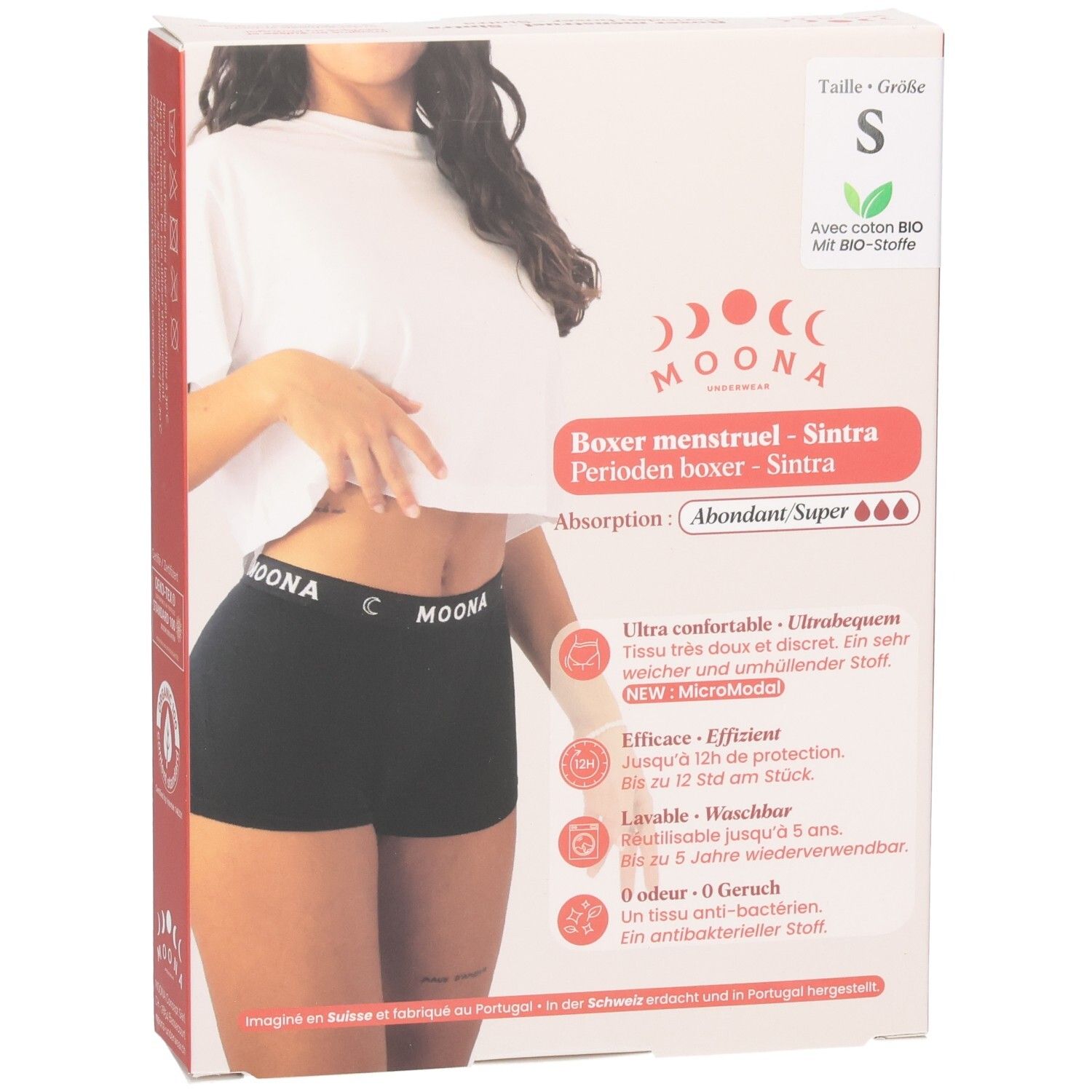 Boxer Sintra noir, logo. Emballage avec image et texte du produit. Taille S. Avec coton bio.