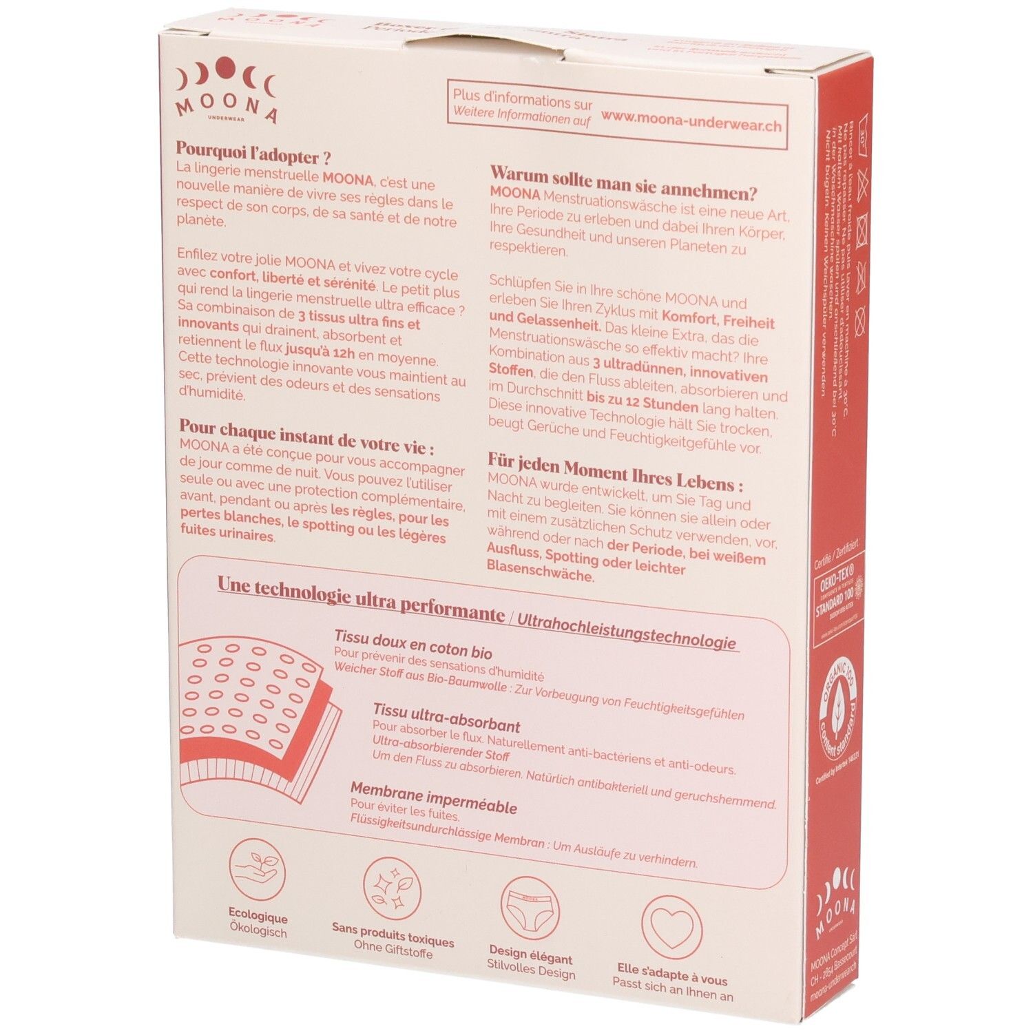 Dos de la boîte. Informations sur les boxers MOONA. Ultra-absorbant. Écologique. Lavable.