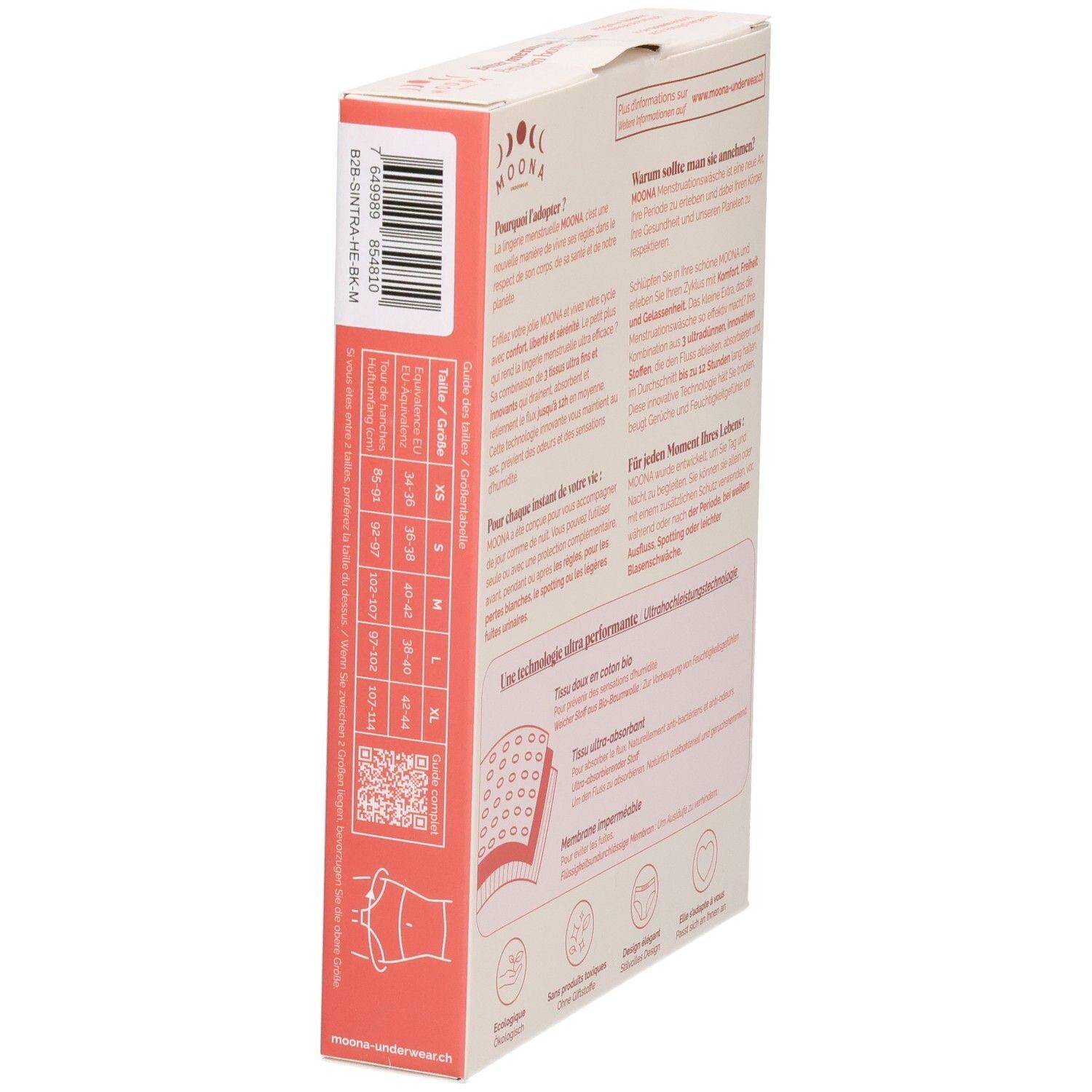 Boîte, vue latérale. Informations de taille. Boxers MOONA. Code QR. Lavable. Écologique.