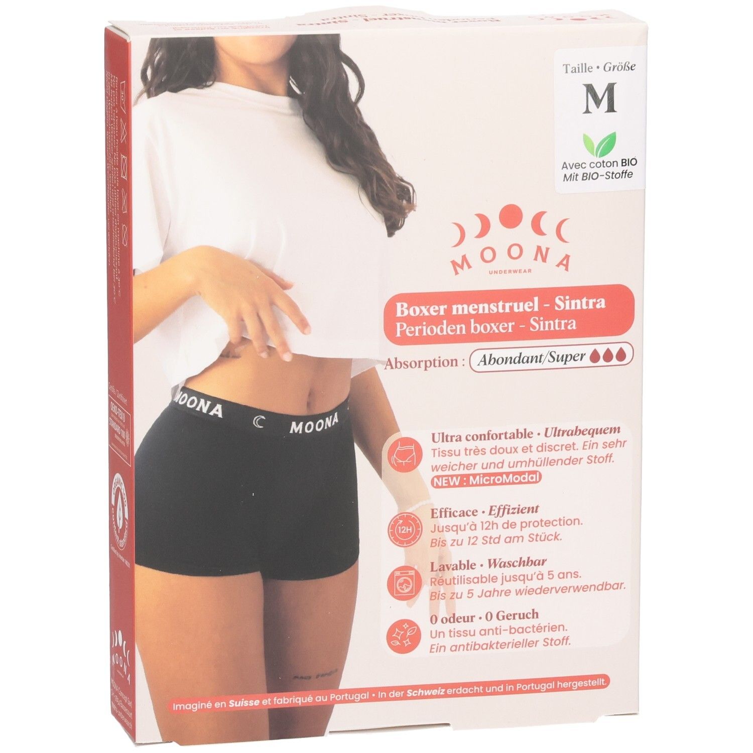 Boxer menstruel Sintra, taille M, en boîte. Tissu noir, logo MOONA. Avec coton bio. Pour flux abondant.