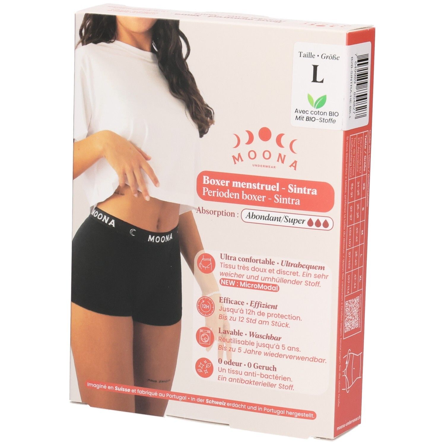 Boîte de boxer menstruel taille L. Boxer noir avec logo MOONA. Inscriptions: nom du produit, caractéristiques, certifications.