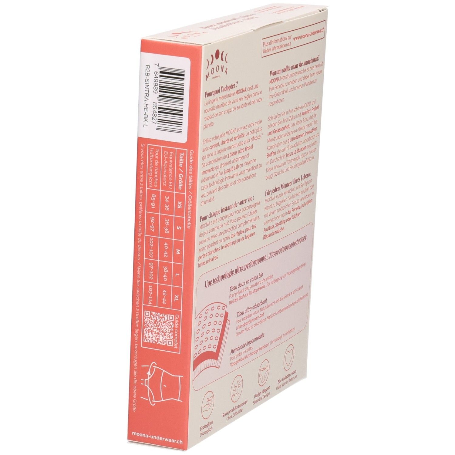 Boîte de profil. Texte, indications de taille, code QR. Illustration du produit. Logo MOONA.