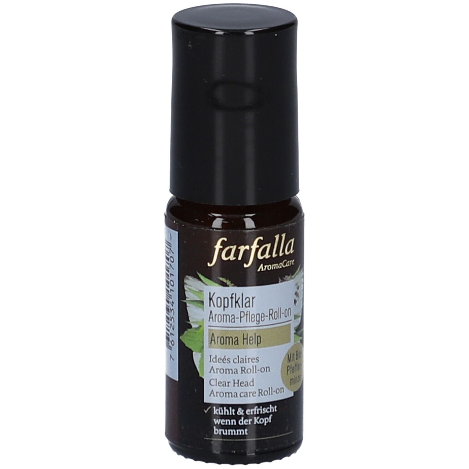 Flacon en verre brun avec bouchon noir. Inscription: farfalla AromaCare, Kopfklar Aroma-Pflege-Roll-on, Aroma Help. Avec menthe poivrée bio.