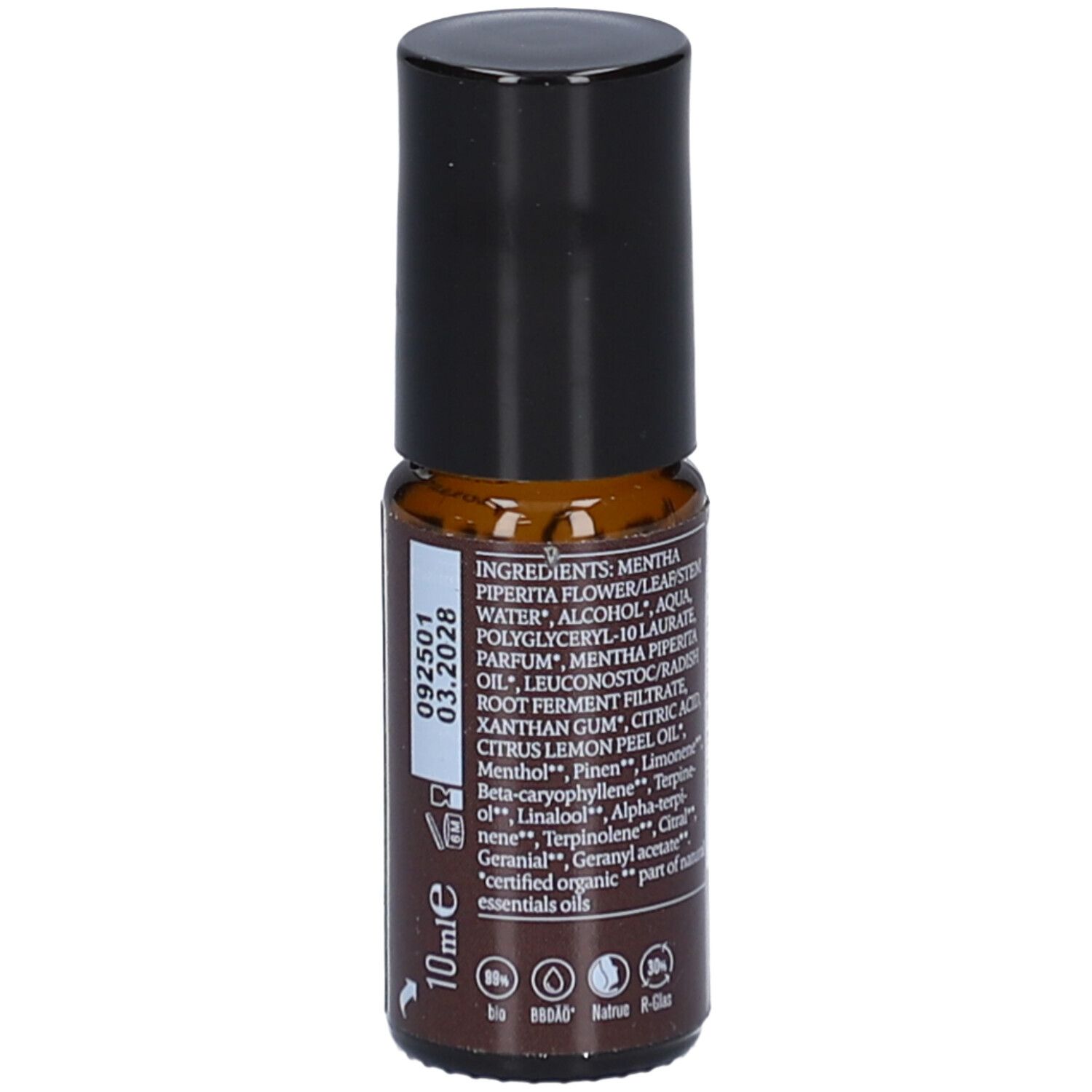 Flacon en verre brun avec bouchon noir. Ingrédients sur le côté: Mentha Piperita, Aqua, Alcohol, etc. Avec indication 10ml et certifications.