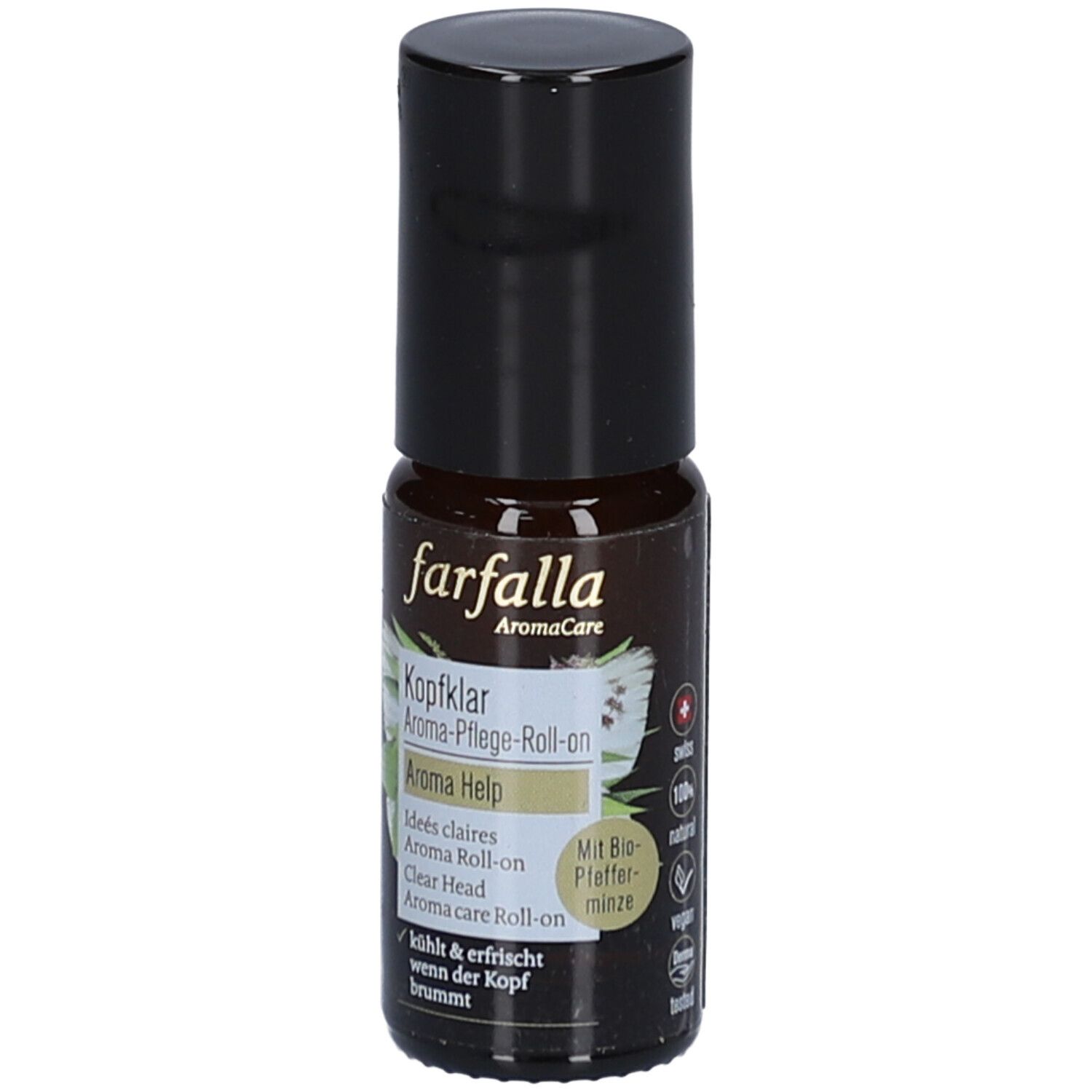 Flacon en verre brun avec bouchon noir. Inscription: farfalla AromaCare, Kopfklar Aroma-Pflege-Roll-on, Aroma Help. Avec menthe poivrée bio.