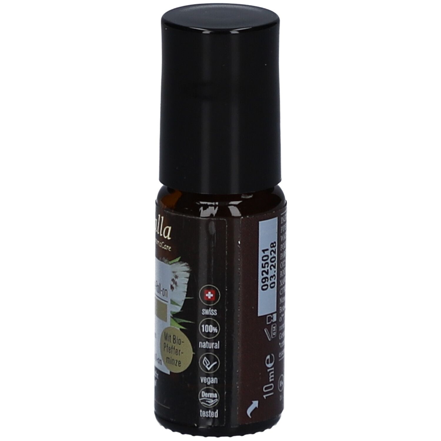 Flacon en verre brun avec bouchon noir. Inscription: farfalla AromaCare, Kopfklar Aroma-Pflege-Roll-on. Avec menthe poivrée bio, 100% naturel, vegan.