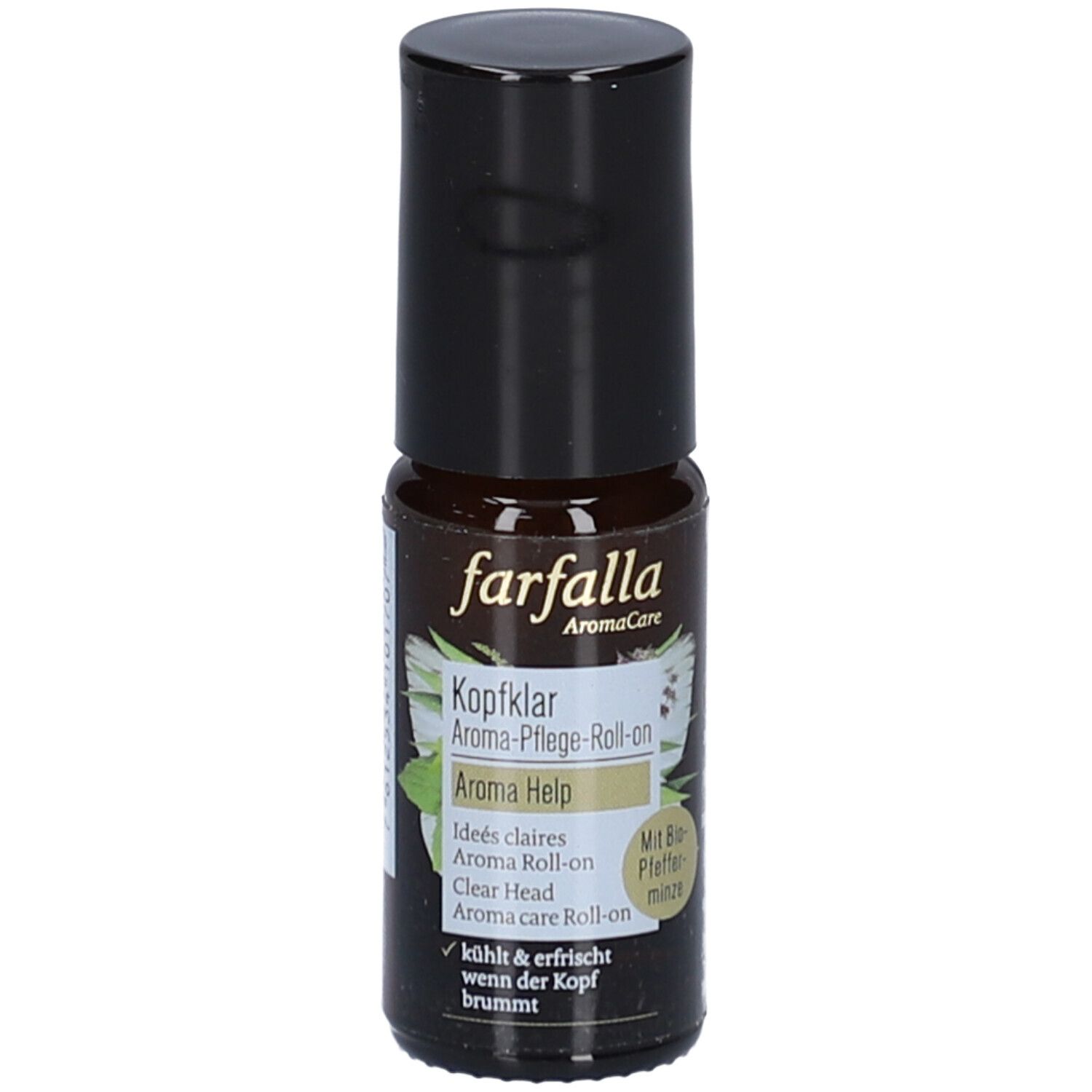 Flacon en verre brun avec bouchon noir. Inscription: farfalla AromaCare, Kopfklar Aroma-Pflege-Roll-on, Aroma Help. Avec menthe poivrée bio.