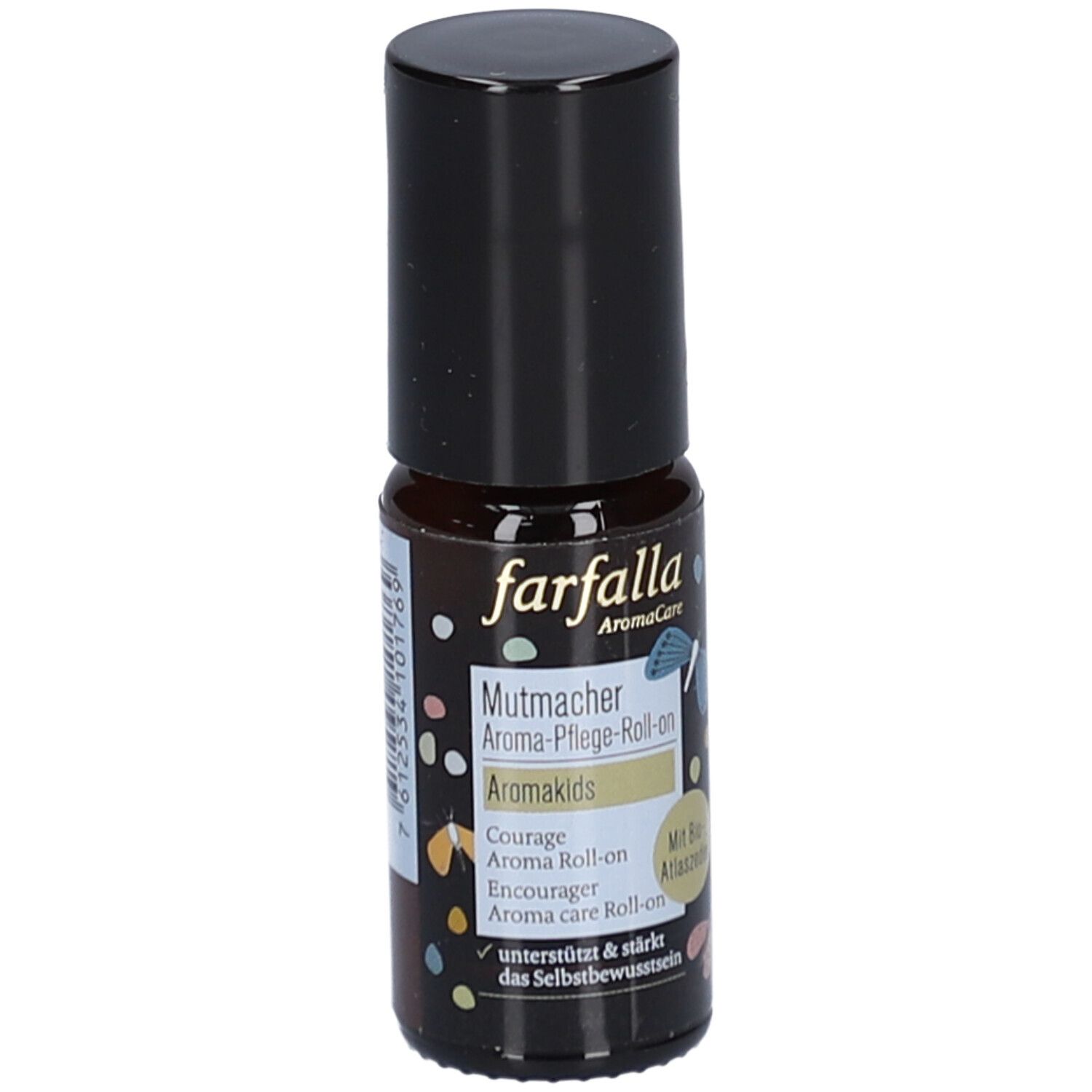 Flacon en verre brun avec bouchon noir. Inscription : farfalla, Mutmacher Aroma-Pflege-Roll-on, Aromakids. Avec cèdre de l'Atlas bio.