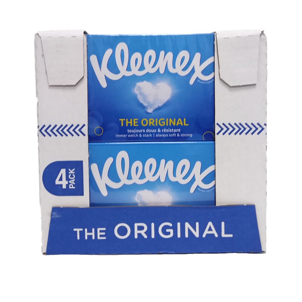 Kleenex Original, pack de 4 boîtes. Emballage bleu avec logo et nom du produit. Carton avec ouvertures.