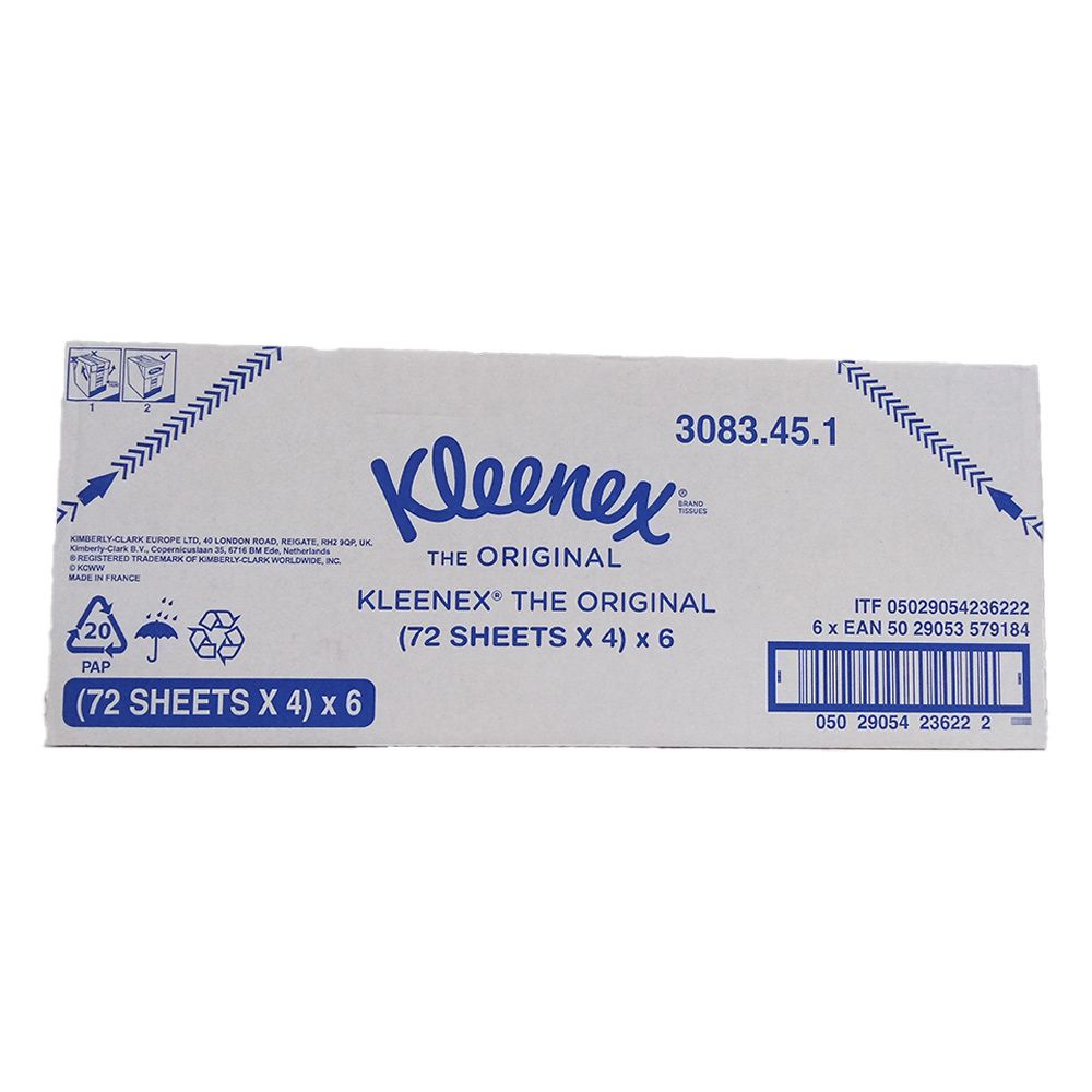 Kleenex Original, 6 paquets de 4 x 72 mouchoirs. Emballage blanc avec logo, nom du produit et informations.