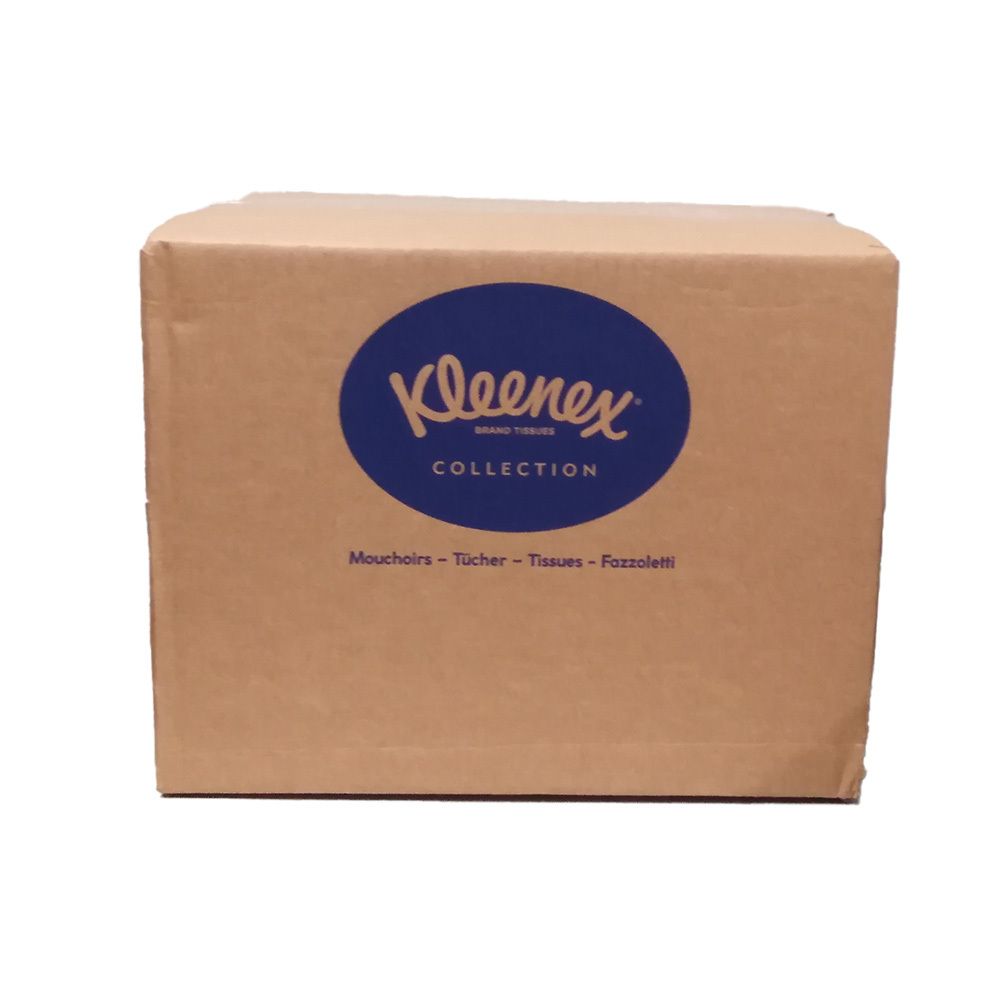 Emballage en carton avec logo Kleenex bleu. Inscription : Collection. Indications multilingues : Mouchoirs, Tissues, Fazzoletti.