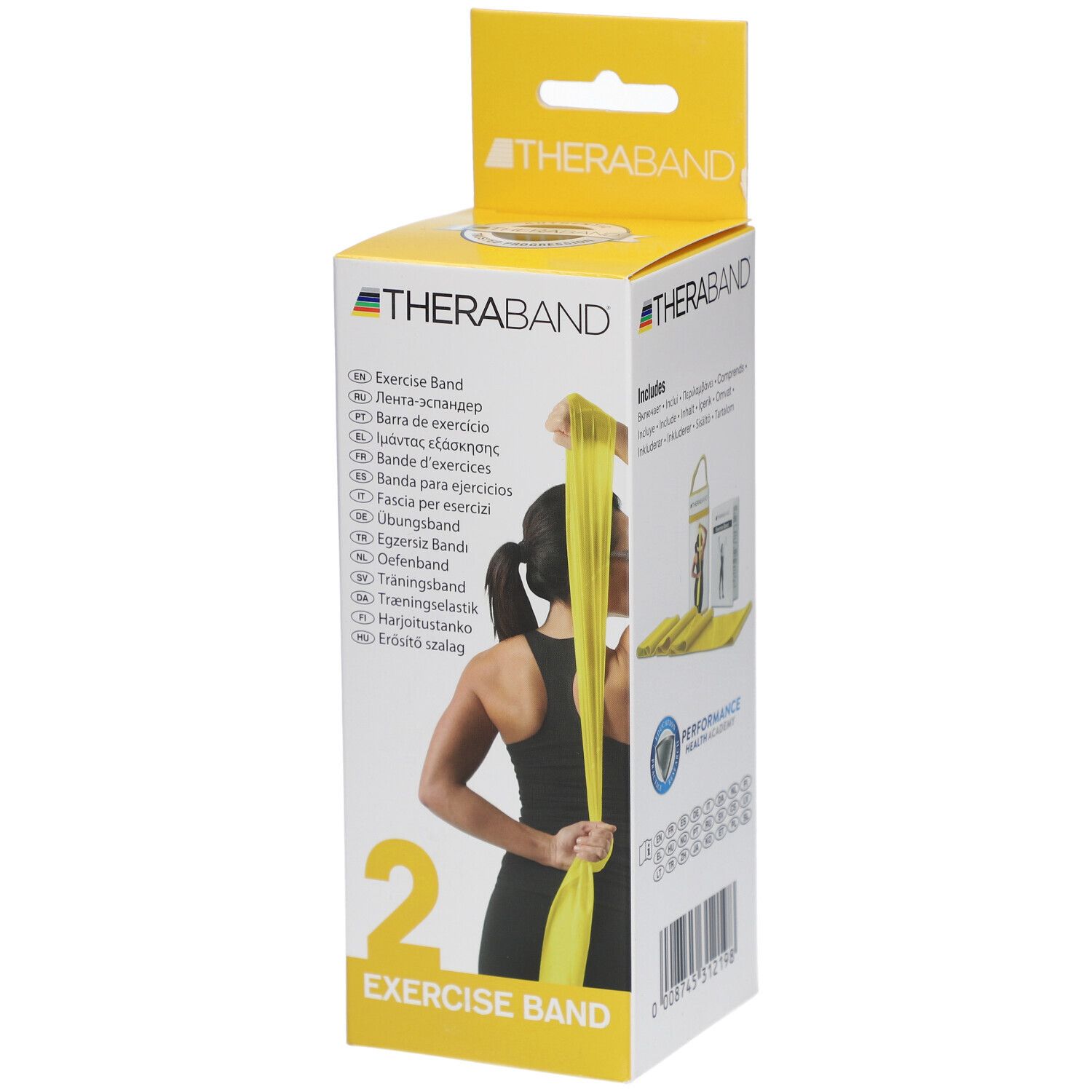Bande d'exercice jaune dans son emballage. Inscription : THERABAND, Exercise Band. Femme démontrant l'utilisation. Boîte jaune avec crochet.