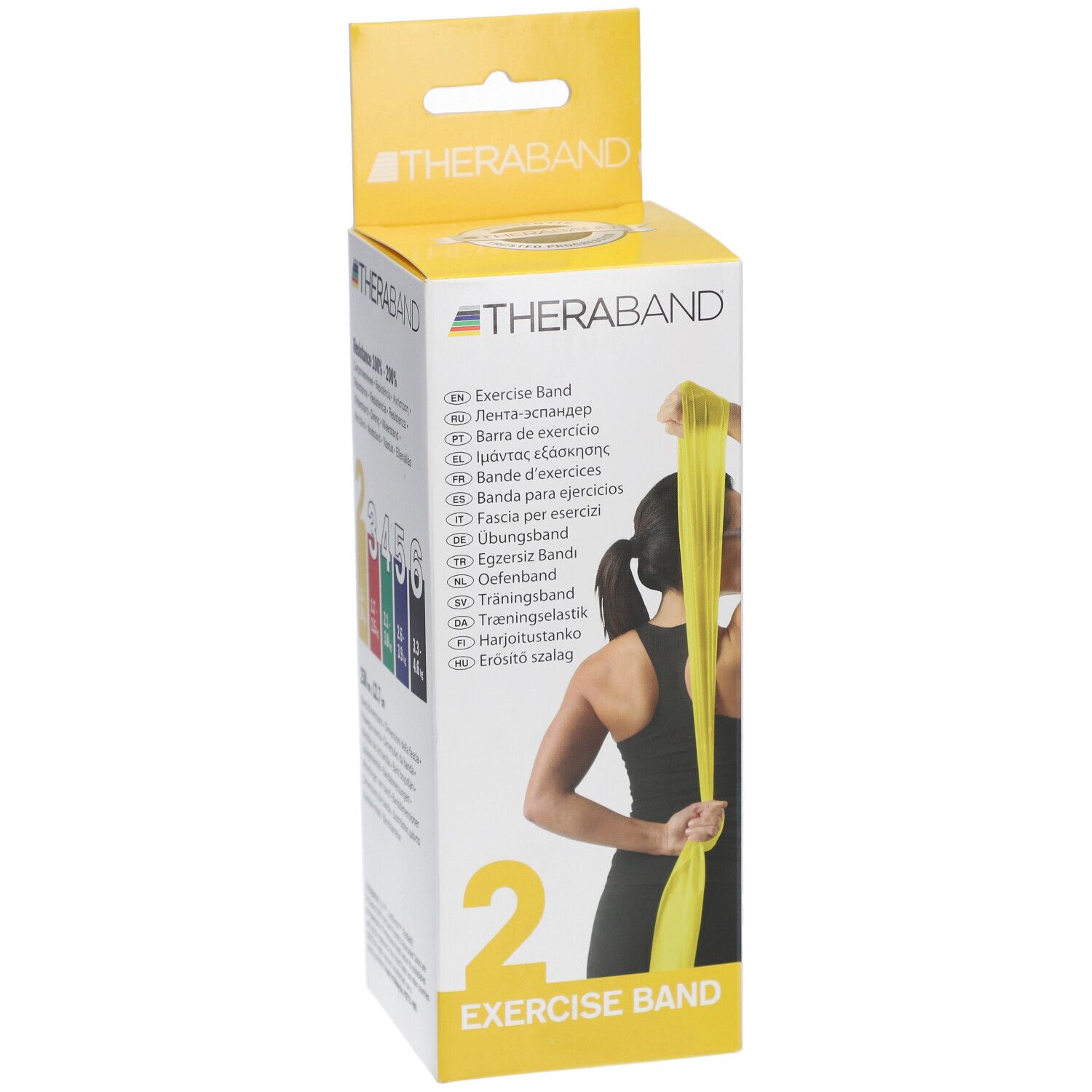 Emballage avec bande d'exercice jaune. Inscription : THERABAND, Exercise Band. Code couleur des niveaux de résistance. Femme démontrant l'utilisation.