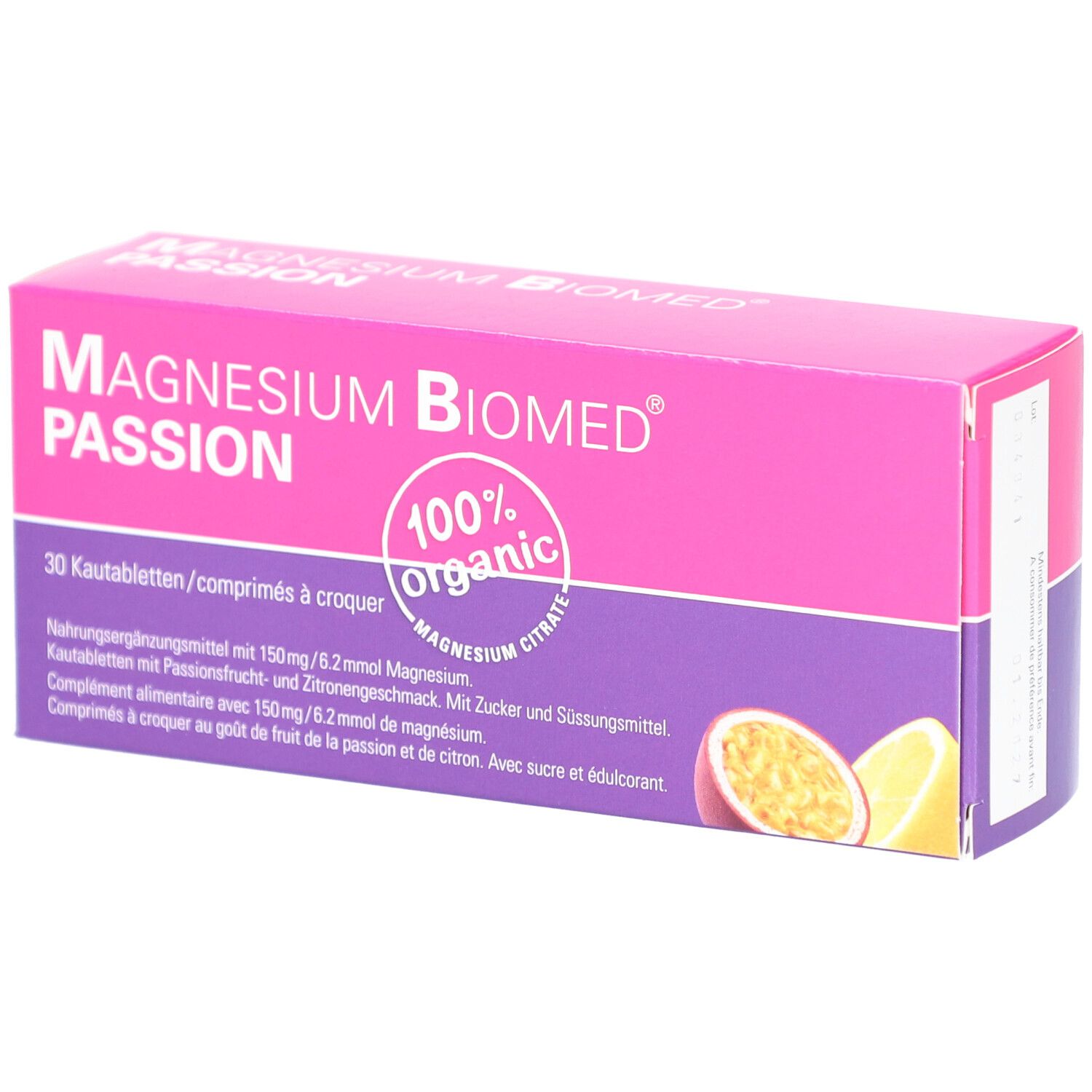 Boîte rose et violette "MAGNESIUM BIOMED PASSION". 30 comprimés à croquer. Inscriptions: 100% organic, Citrate de magnésium, fruit de la passion.
