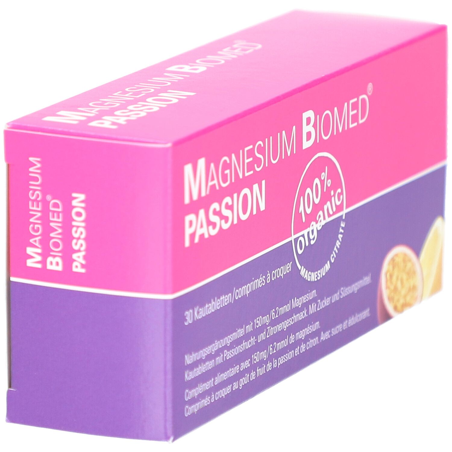 Boîte rose-violette inclinée "MAGNESIUM BIOMED PASSION". 30 comprimés à croquer. Inscriptions: 100% organic, Citrate de magnésium.