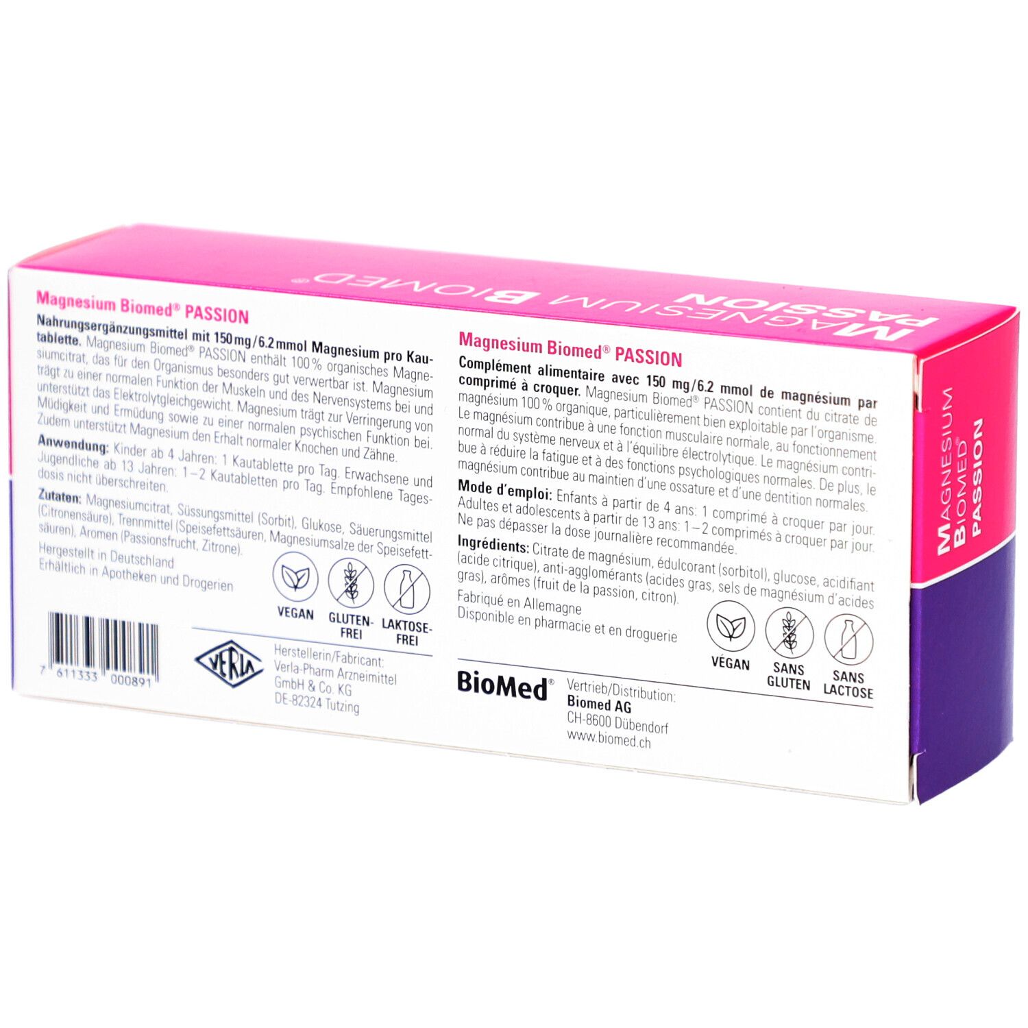 Dos de la boîte rose-violette "MAGNESIUM BIOMED PASSION". Texte en allemand et français. Vegan, sans gluten, sans lactose.