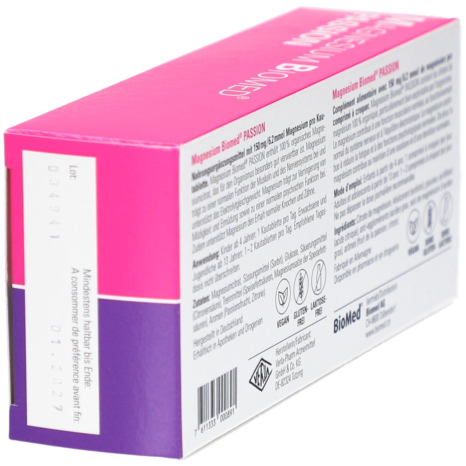 Boîte "MAGNESIUM BIOMED PASSION" avec date de péremption. Texte en allemand. Vegan, sans gluten, sans lactose.