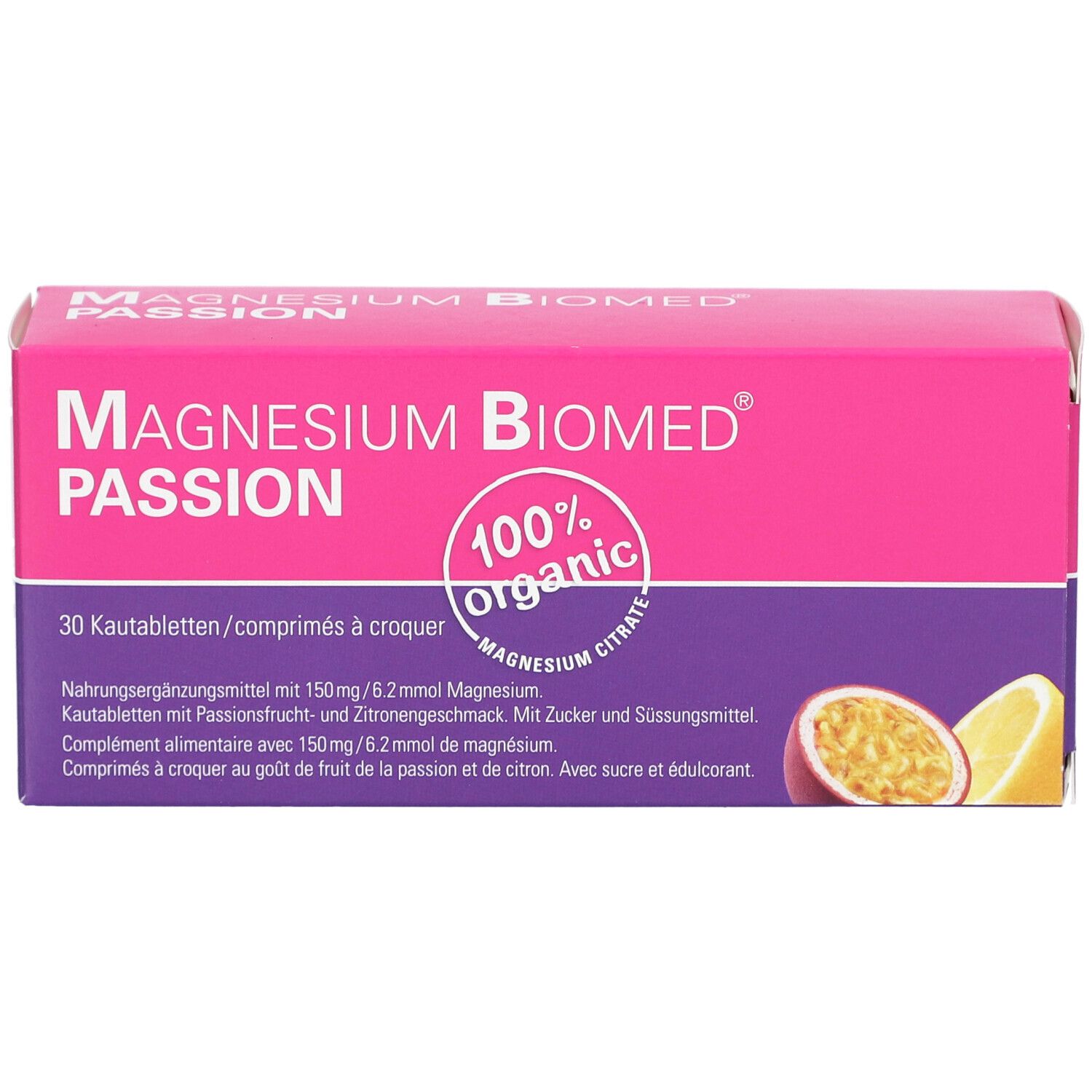 Boîte rose-violette "MAGNESIUM BIOMED PASSION". 30 comprimés à croquer. Inscriptions: 100% organic, Citrate de magnésium, fruit de la passion et citron.