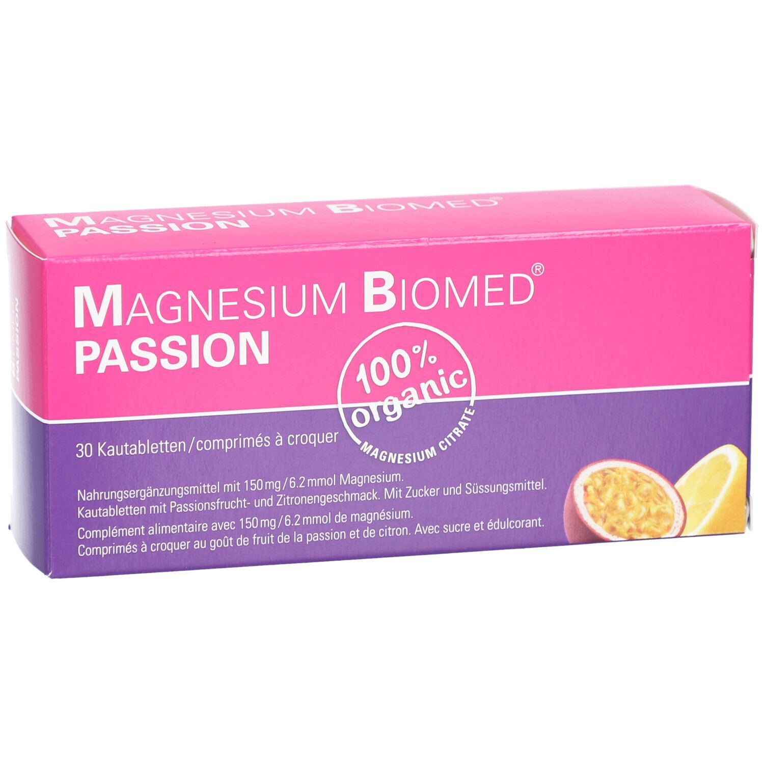 Boîte rose-violette "MAGNESIUM BIOMED PASSION". 30 comprimés à croquer. Inscriptions: 100% organic, Citrate de magnésium, fruit de la passion et citron.