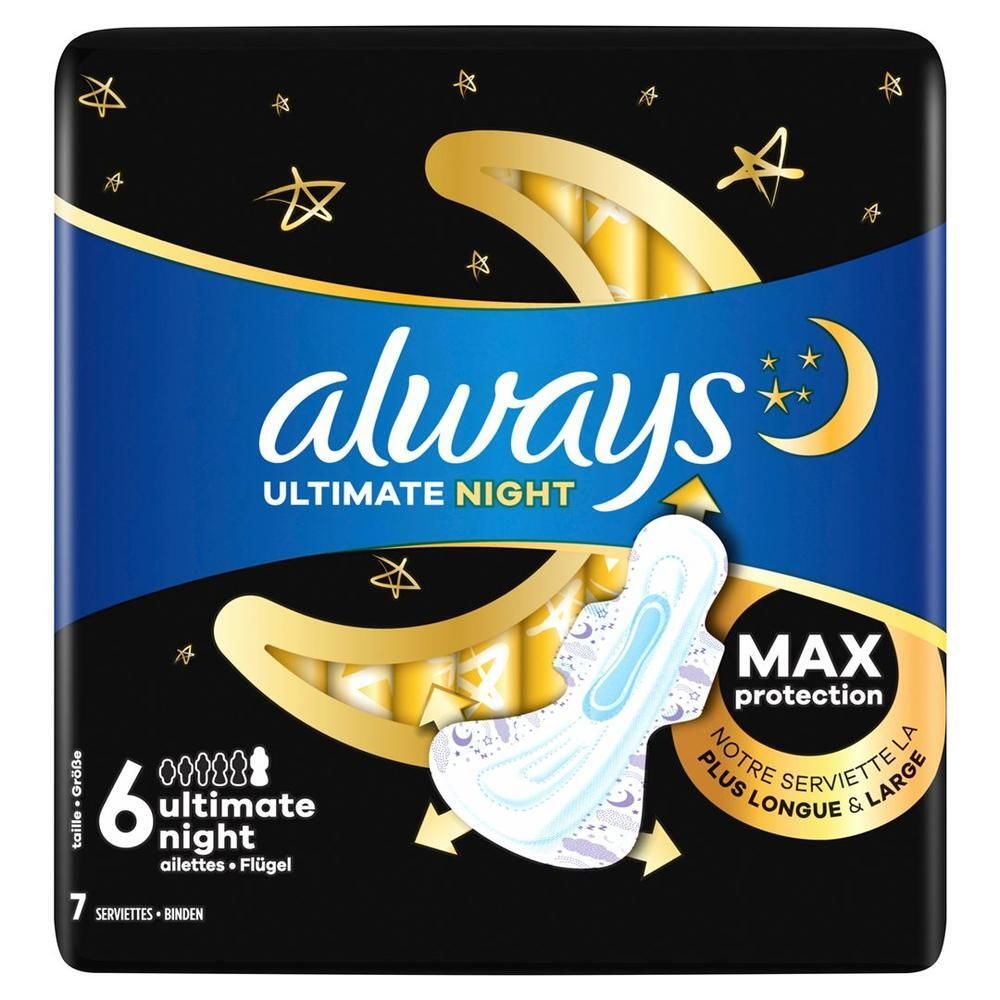 Always Serviettes Ultimate Night Max Protection avec ailettes, 7 pièces. Serviettes hygiéniques pour une protection maximale.