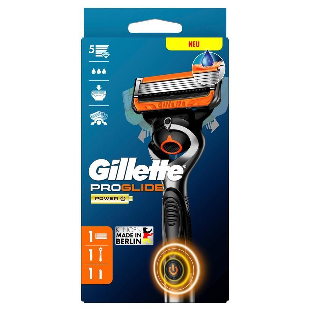 Emballage de rasoir. Manche noir, tête orange. Marque Gillette ProGlide Power. Avec 1 lame.