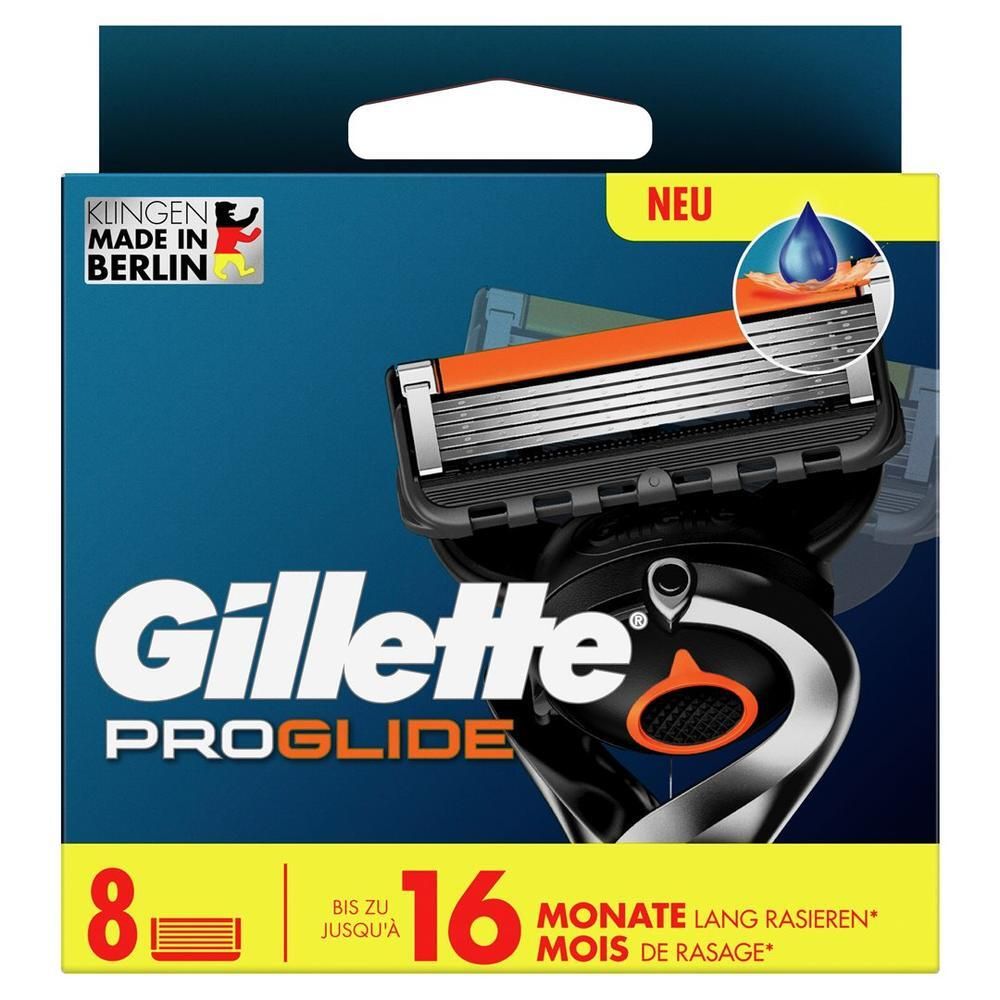 Paquet de lames de rasoir. Contient 8 lames. Marque: Gillette ProGlide. Texte: 16 mois de rasage. Fabriqué à Berlin.