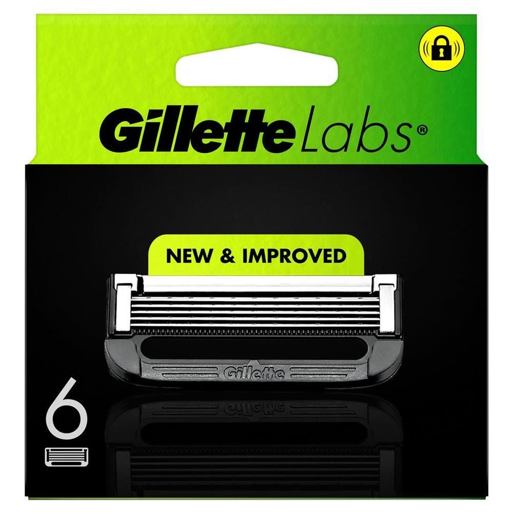 Paquet de lames de rasoir GilletteLabs. Boîte noire avec 6 lames. Inscription : New & Improved. Fond jaune-vert.
