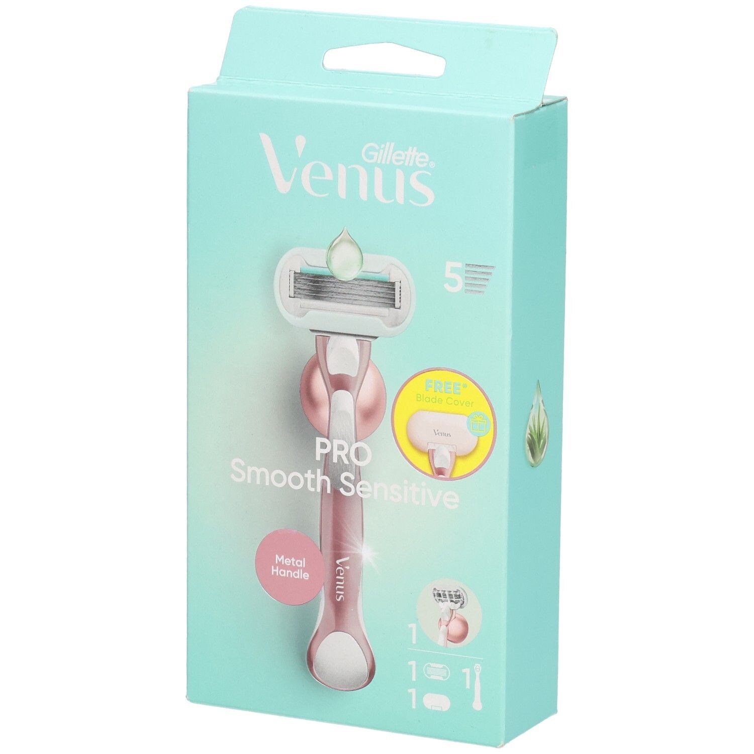 Emballage avec rasoir Gillette Venus. Rasoir rose, 5 lames. Inscription: Pro Smooth Sensitive. Manche en métal.
