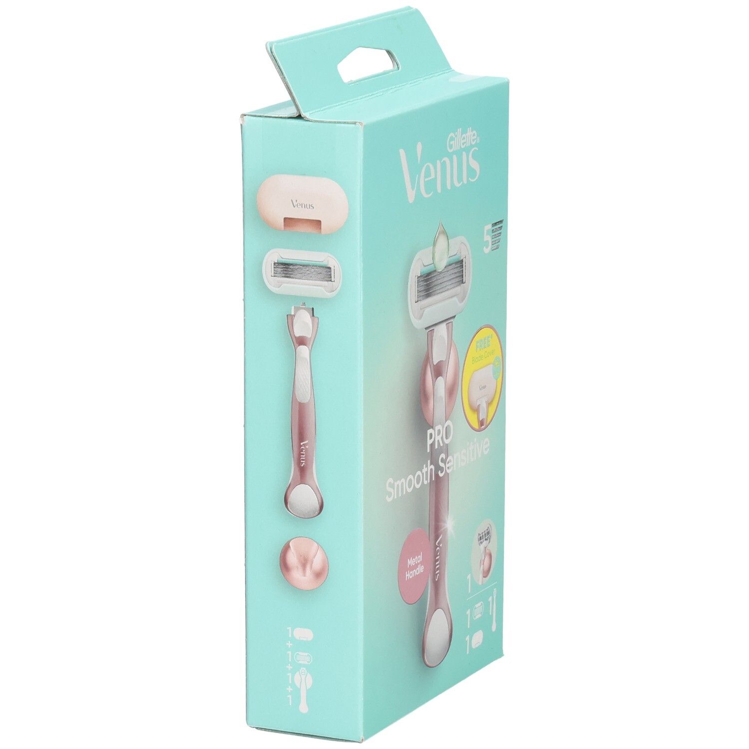 Emballage avec rasoir et accessoires Gillette Venus. Rasoir rose, 5 lames. Inscription: Pro Smooth Sensitive. Manche en métal.