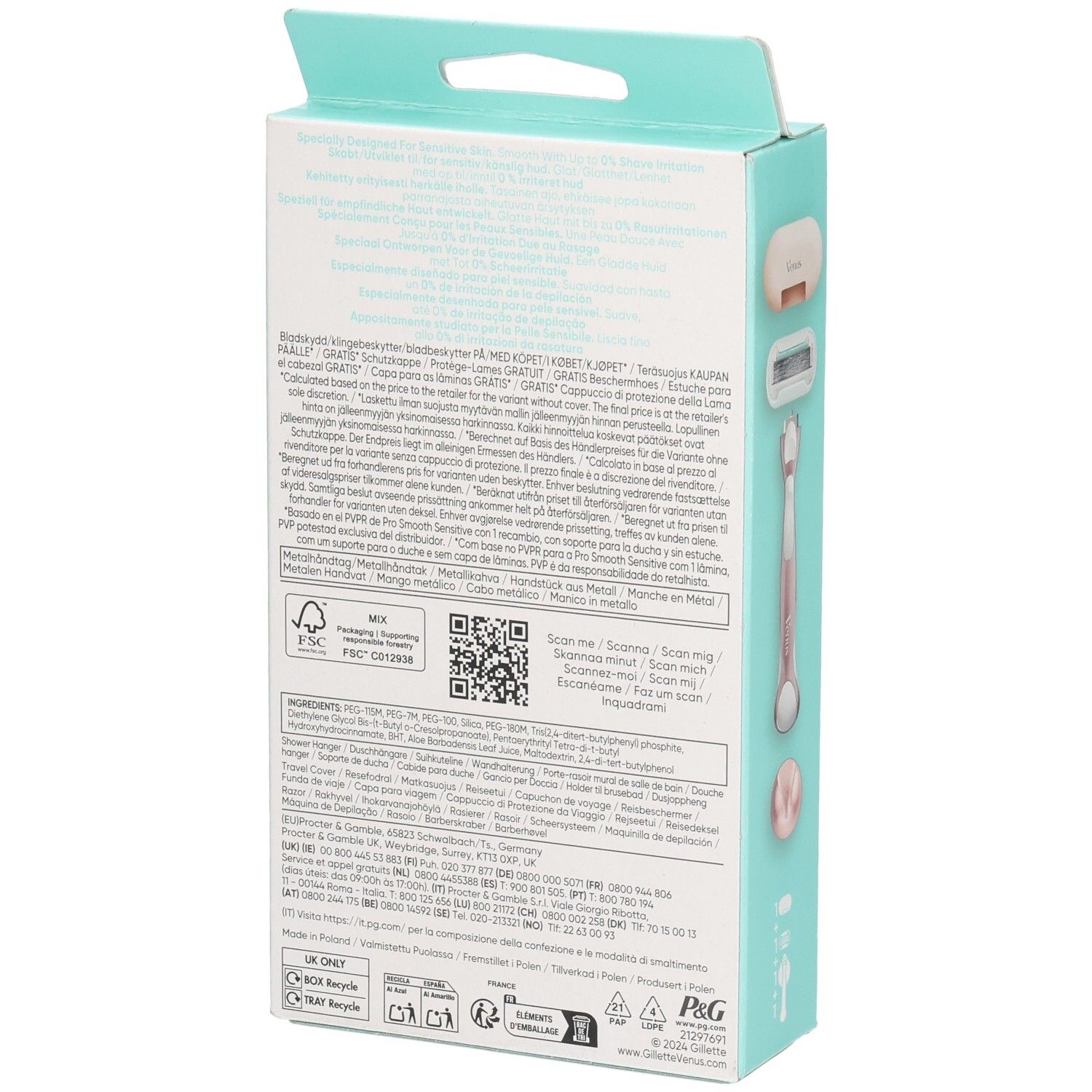 Dos de l'emballage. Marque: Gillette Venus. Informations textuelles et logos. Certification FSC. Code QR.