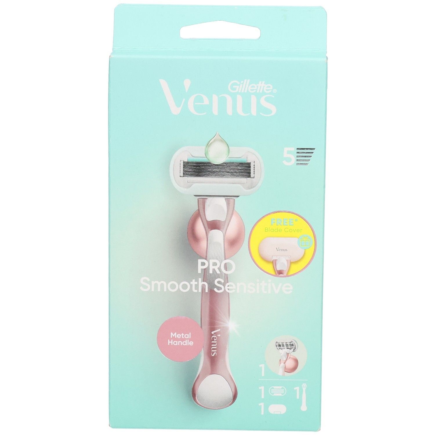 Emballage avec rasoir Gillette Venus. Rasoir rose, 5 lames. Inscription: Pro Smooth Sensitive. Manche en métal.