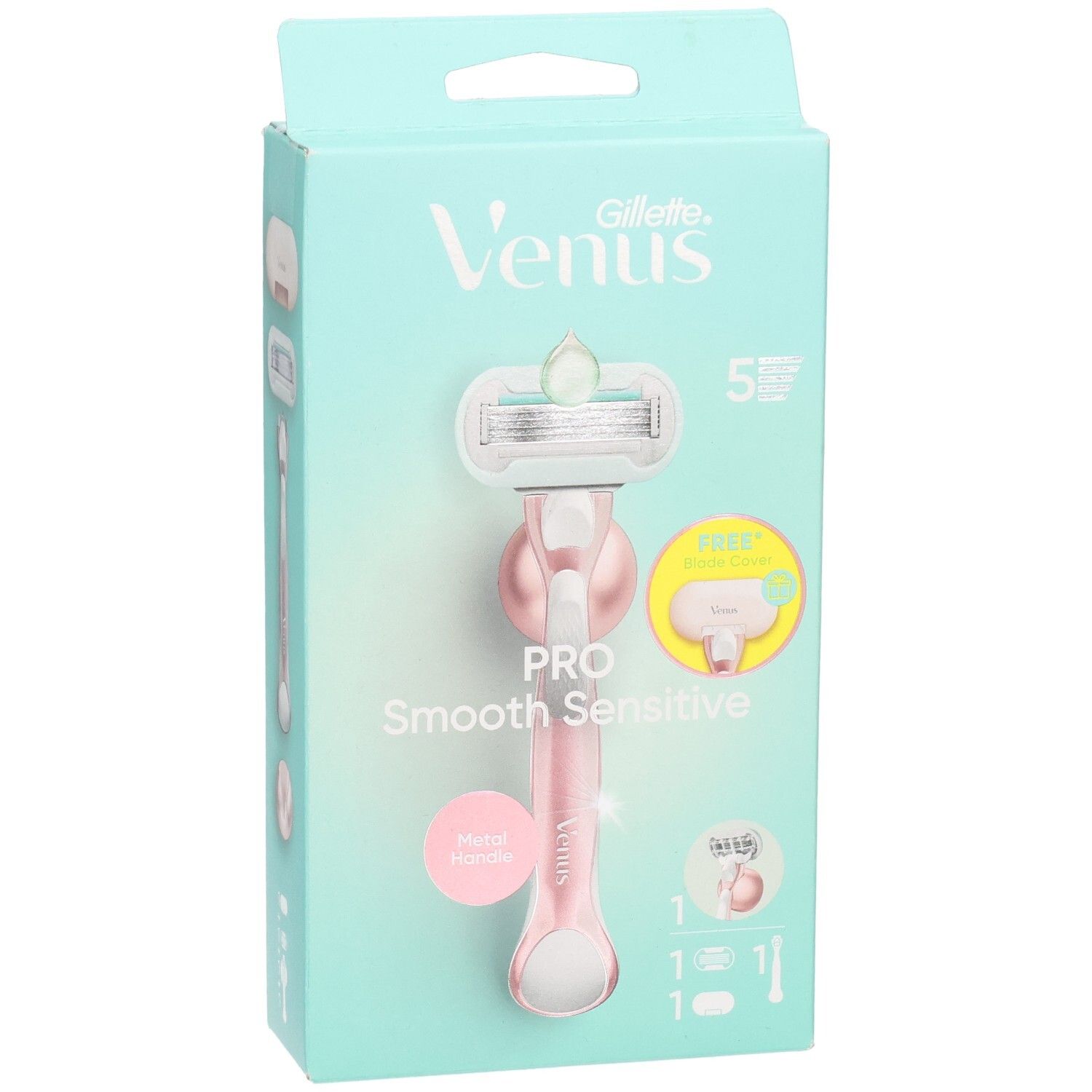 Emballage avec rasoir Gillette Venus. Rasoir rose, 5 lames. Inscription: Pro Smooth Sensitive. Manche en métal.