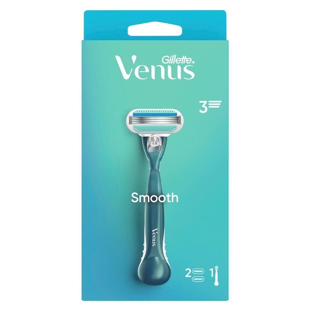 Rasoir avec manche bleu et tête de rasage, emballé. Marque : Gillette Venus. Inscription : Smooth, 3 lames, 2+1.