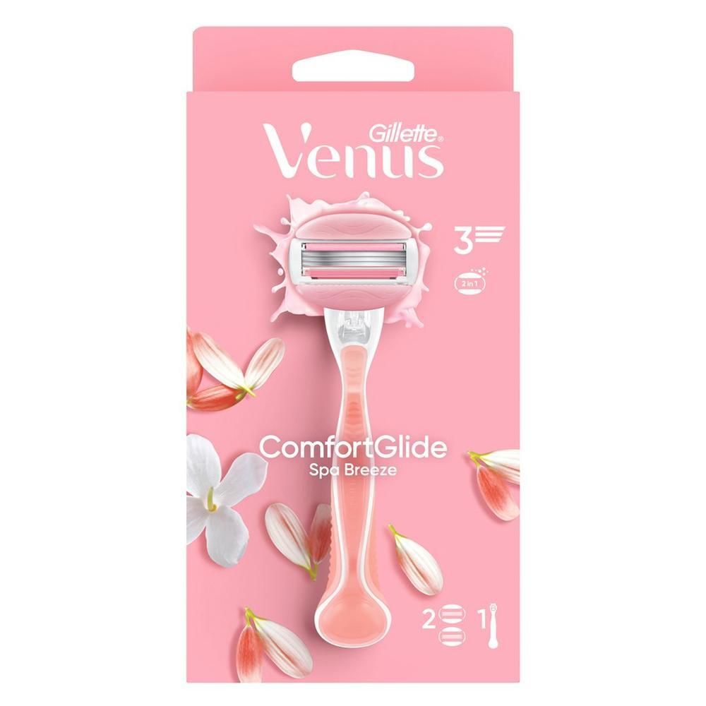 Emballage rose avec rasoir. Marque Gillette Venus, ComfortGlide Spa Breeze. Rasoir à 3 lames, 2 recharges.