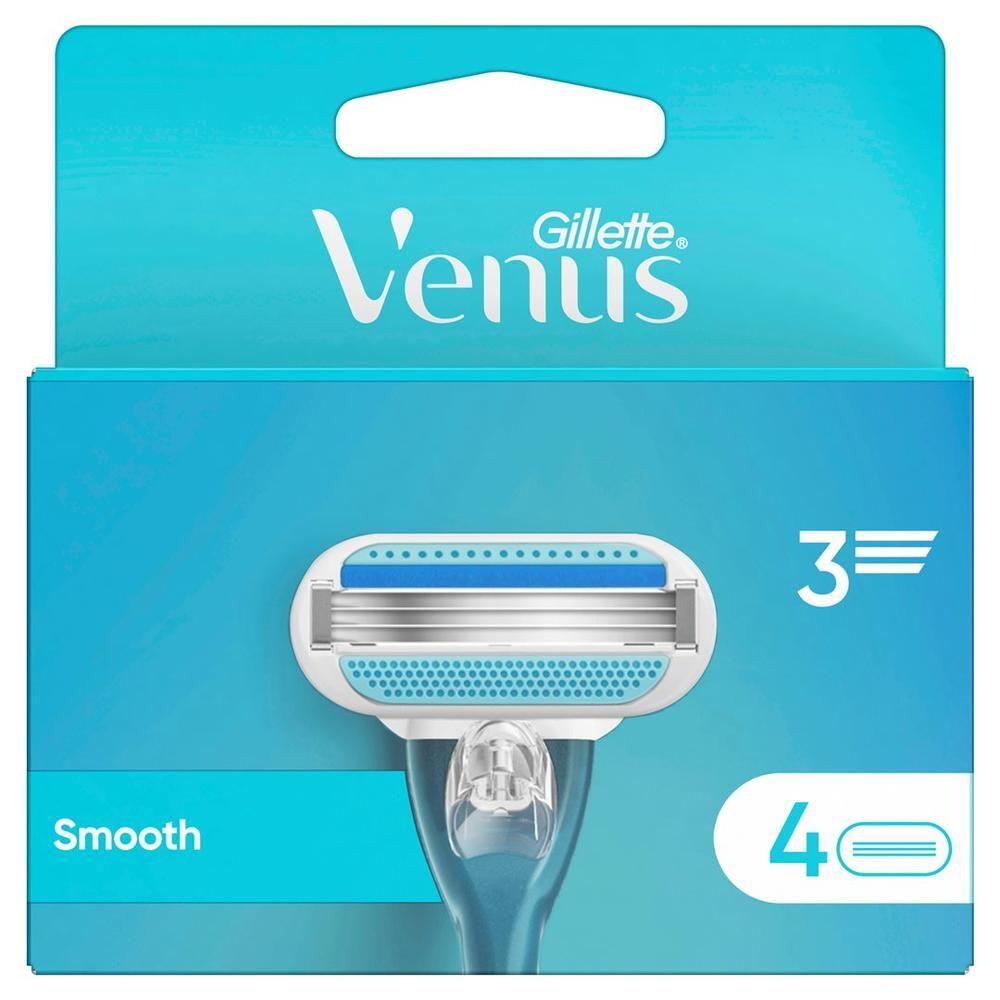 Emballage de lames de rasoir Venus Gillette. Contient 4 lames. Couleurs bleu et blanc. Inscription Smooth.