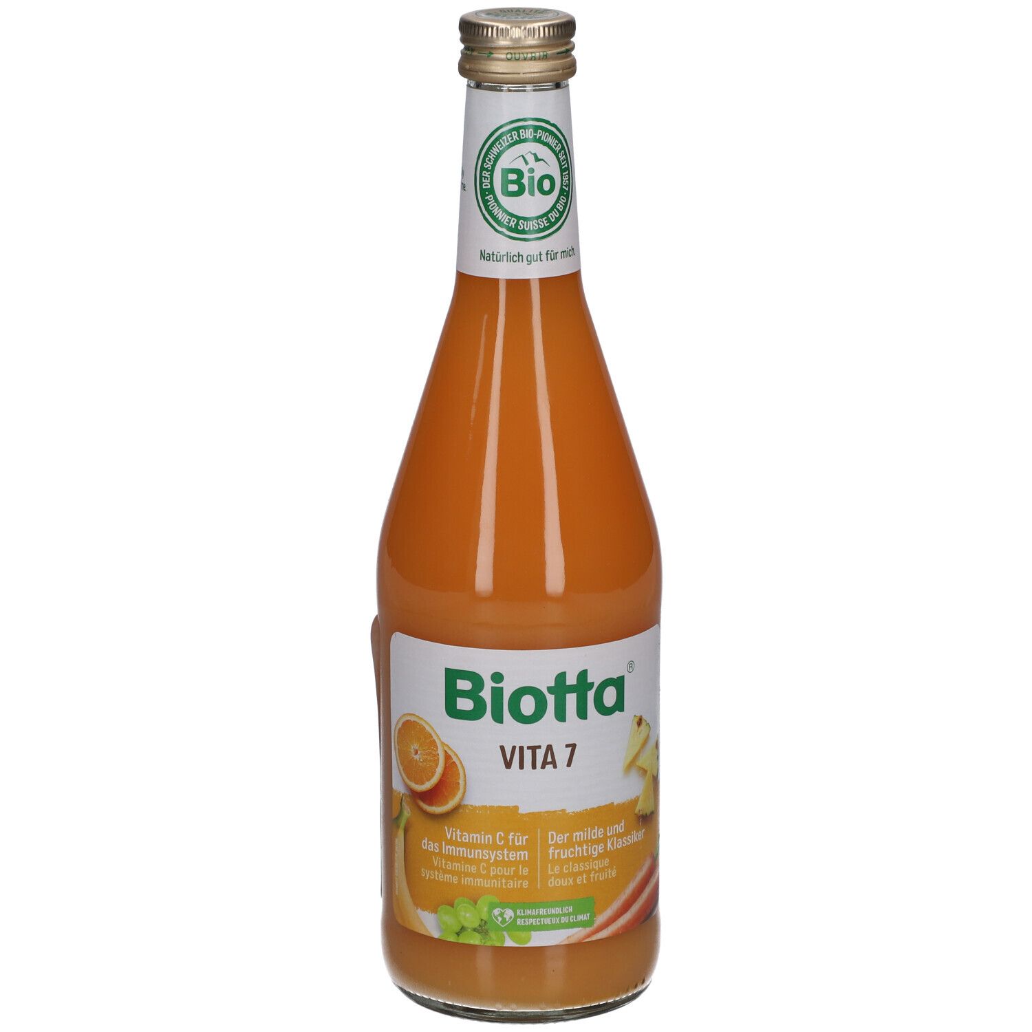 Bouteille en verre BIOTTA Vita 7. Jus orange. Label BIO. Inscription: Vitamine C pour le système immunitaire.