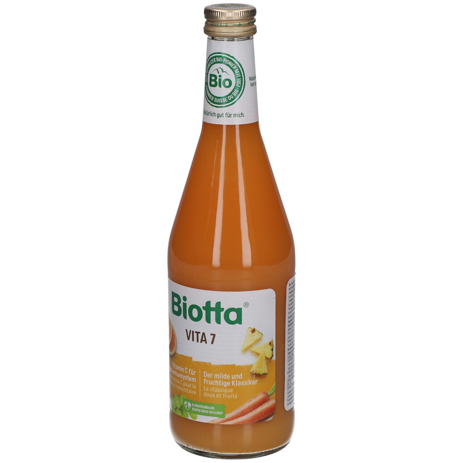 Bouteille en verre BIOTTA Vita 7. Jus orange. Label BIO. Inscription: Vitamine C pour le système immunitaire.