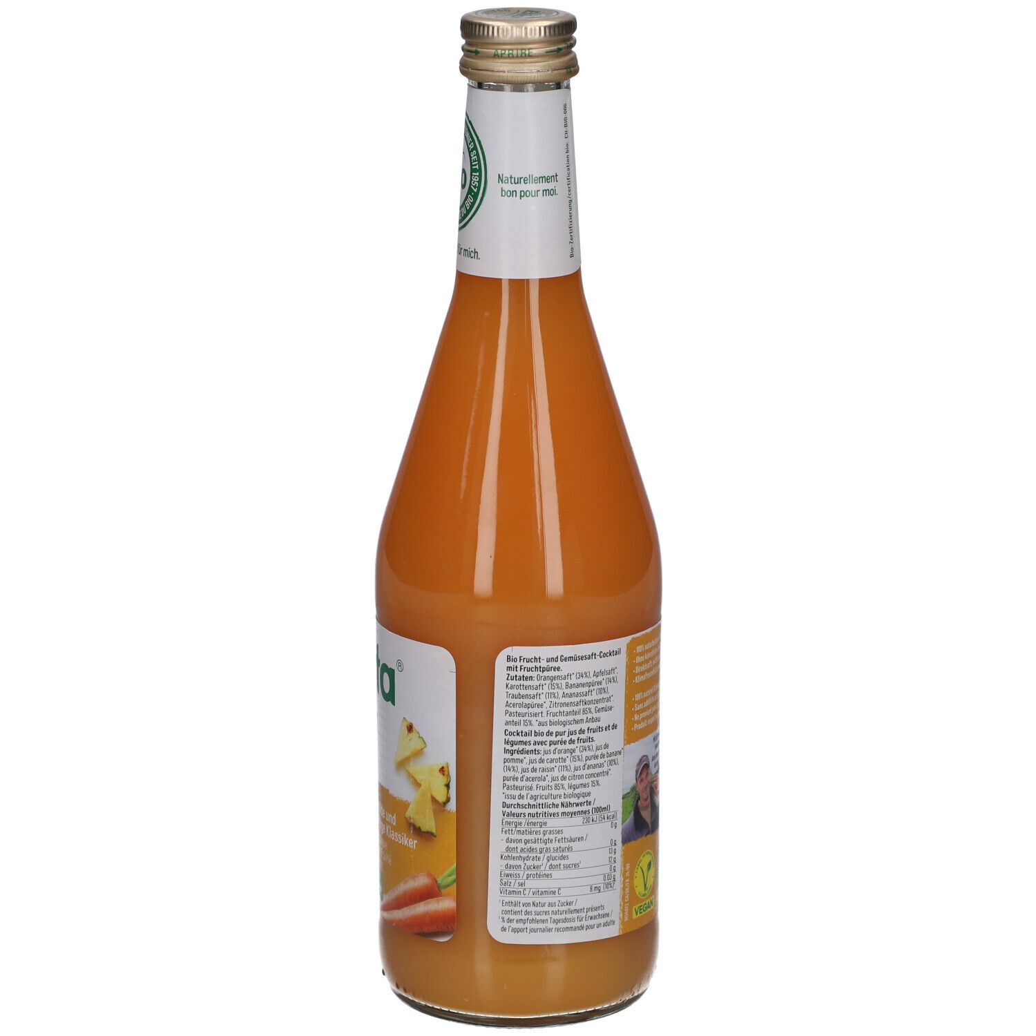 Dos de la bouteille en verre BIOTTA Vita 7. Étiquette avec texte et QR code. Label BIO. Logo vegan. 500 ml.