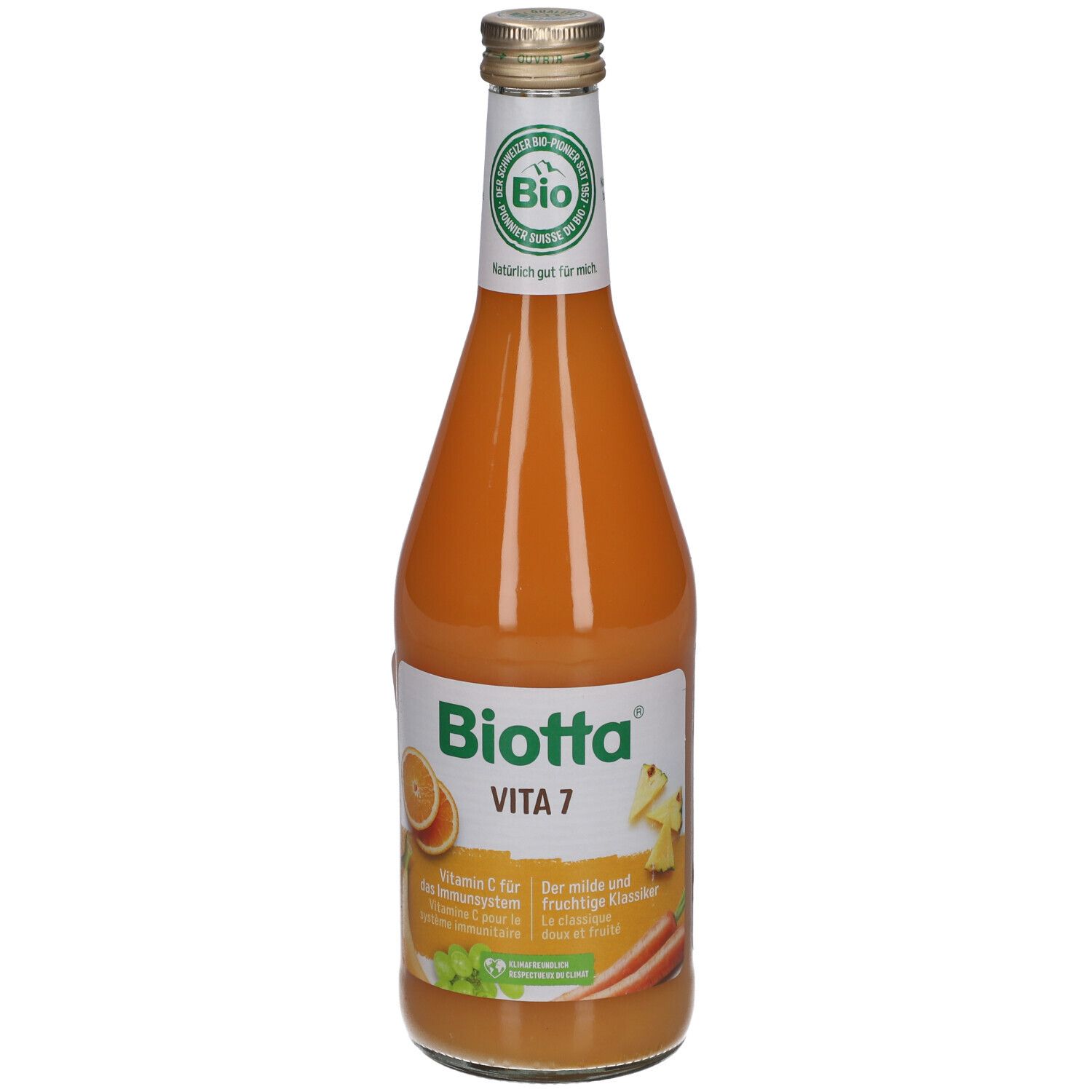 Bouteille en verre de BIOTTA Vita 7. Jus orange. Label BIO. Inscription: Vitamine C pour le système immunitaire.