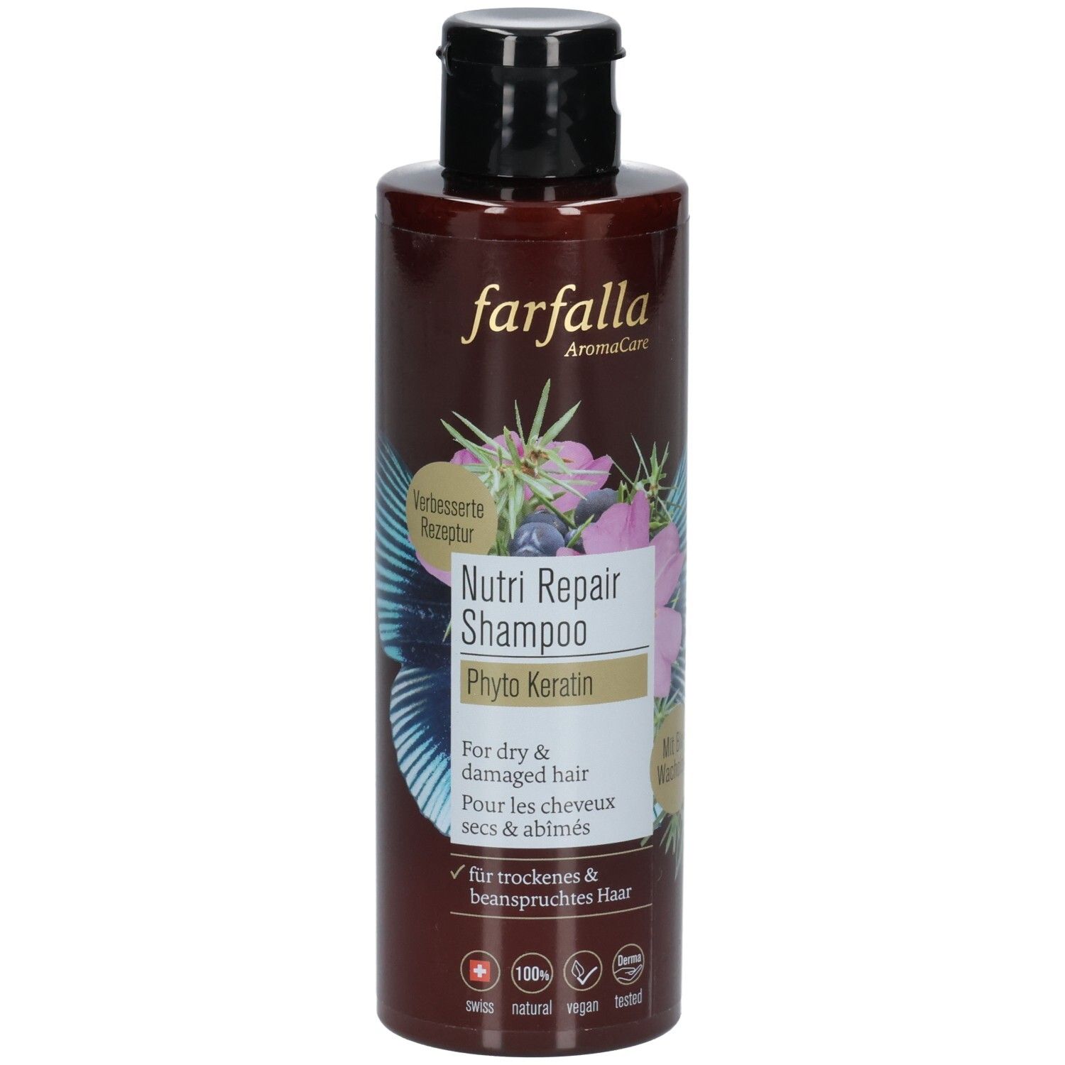 Flacon de shampooing brun avec bouchon noir. Inscription : Farfalla AromaCare, Nutri Repair Shampoo, Phyto Keratin. Pour cheveux secs et abîmés.