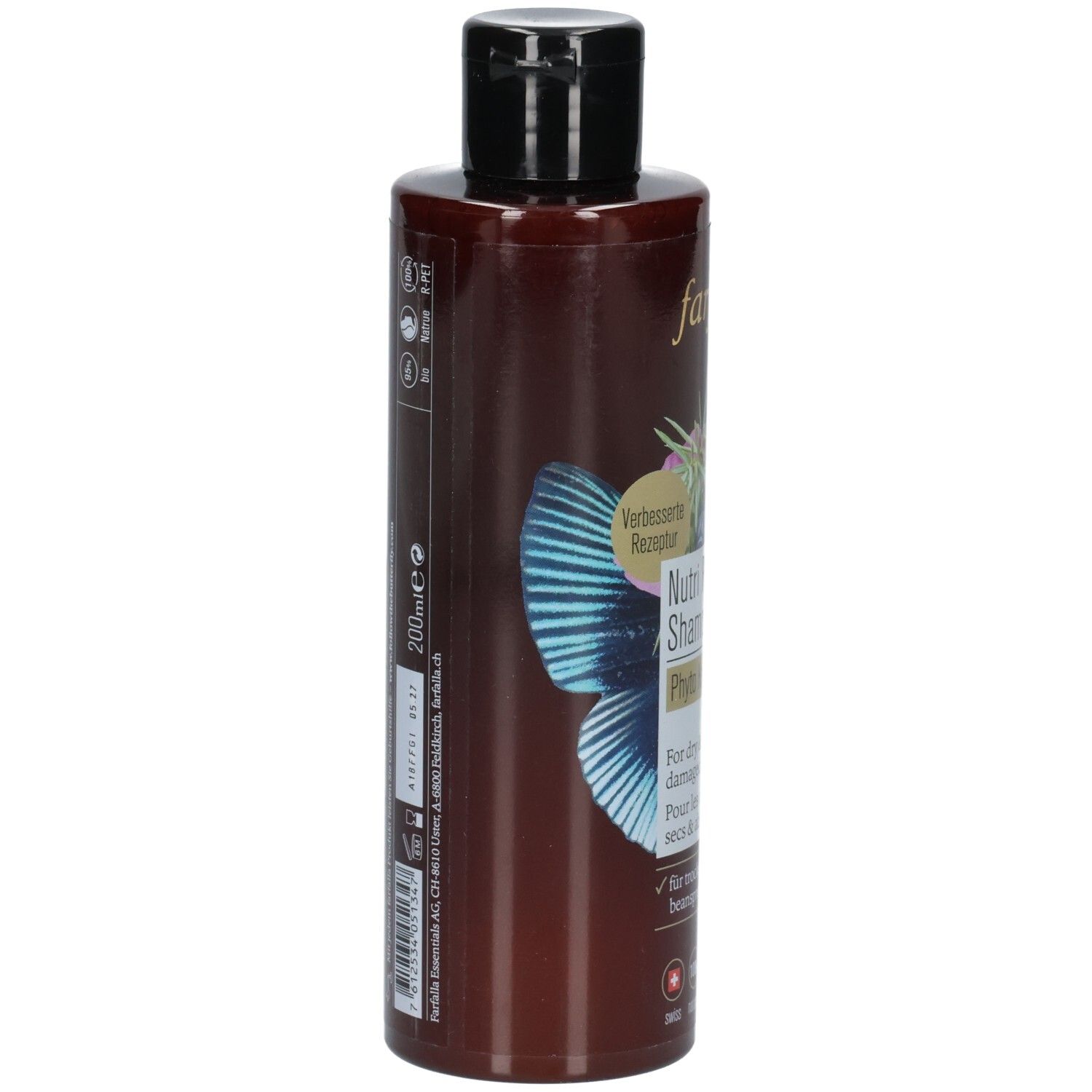Flacon de shampooing brun, vue latérale. Inscription : Nutri Repair Shampoo, Phyto Keratin. Pour cheveux secs et abîmés. 200ml.