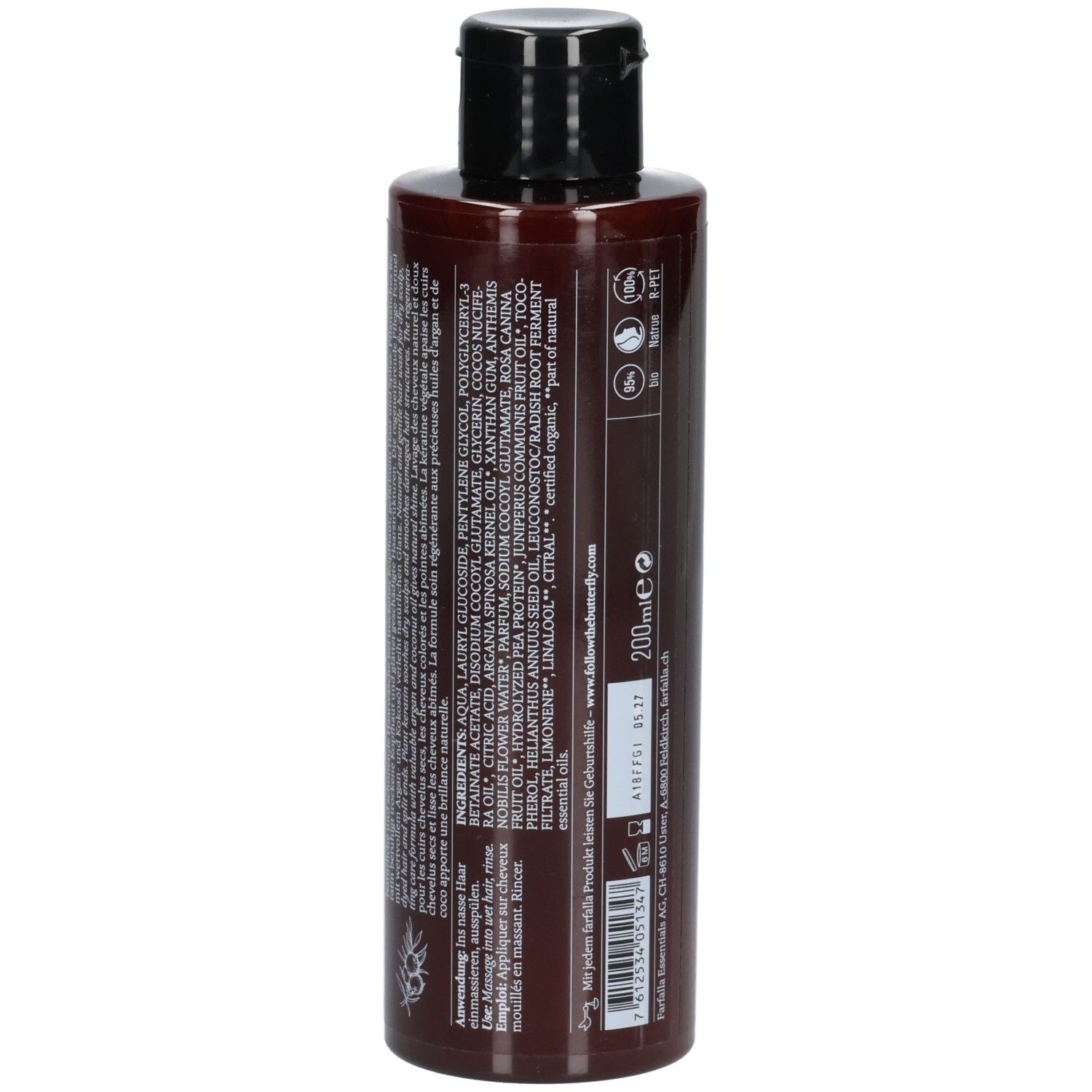 Dos d'un flacon de shampooing brun. Contient les ingrédients et les informations du fabricant. 200ml.
