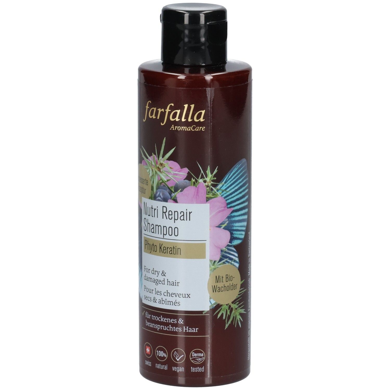 Flacon de shampooing brun avec bouchon noir. Inscription : Farfalla AromaCare, Nutri Repair Shampoo, Phyto Keratin. Pour cheveux secs et abîmés.